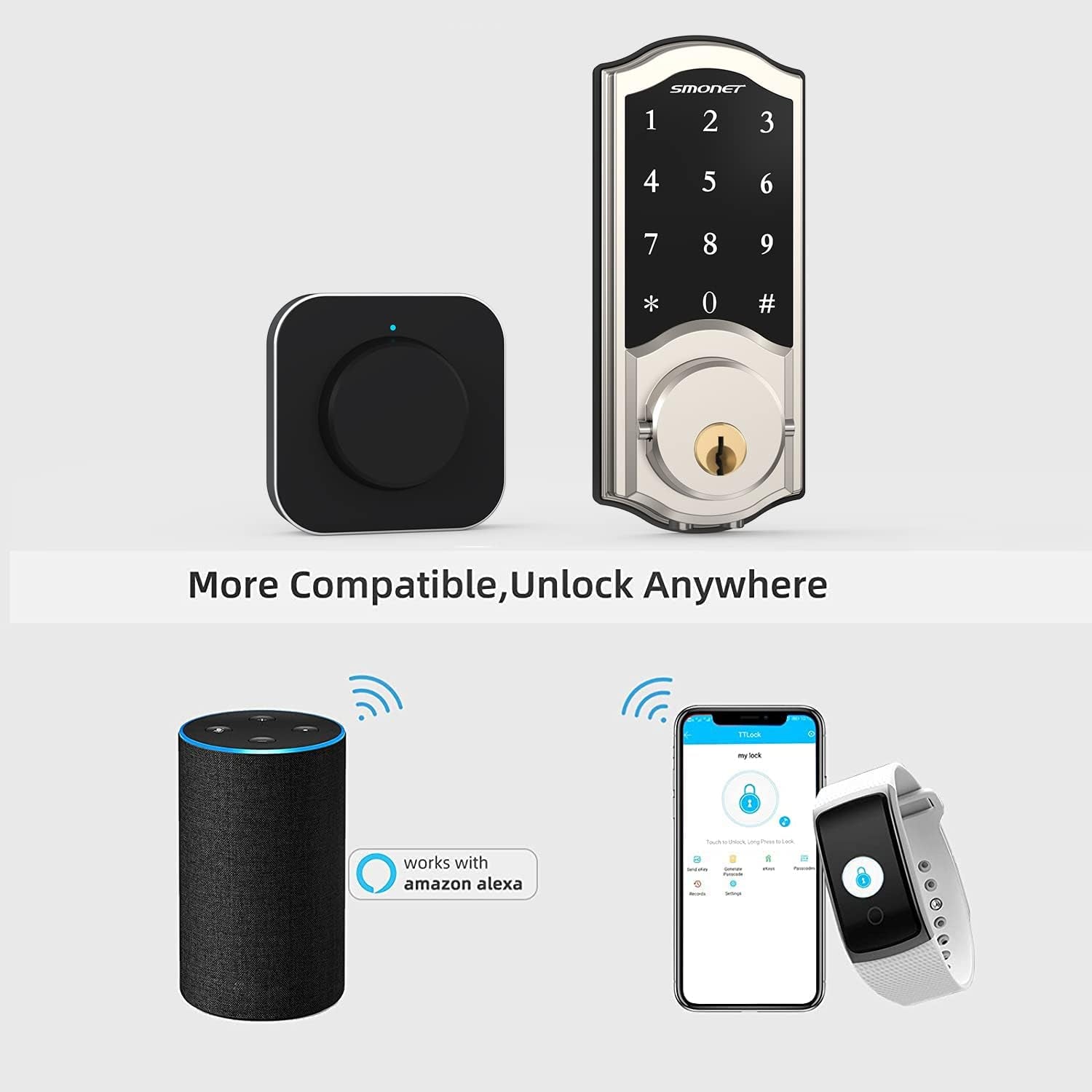 SMONET Bluetooth Smart Lock Electronic Digital Smart Deadbolt, Keyless Entry Door Lock with Keypads, Gateway Hub Included, Compatible with Alexa,App,Code for Home Apartment Front Door, Silver
