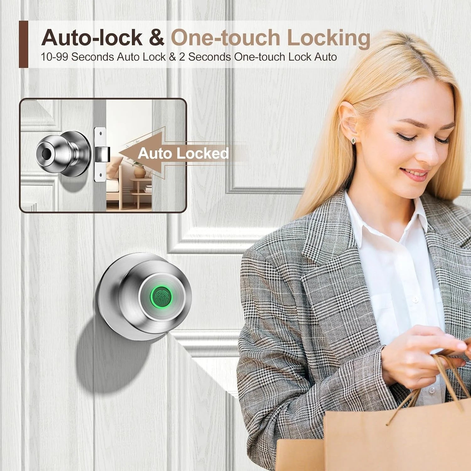 Smart Door Lock, Fingerprint Door Lock Knob with App Control, Suitable for Home, Cloakroom, Offices, Hotels (K10)