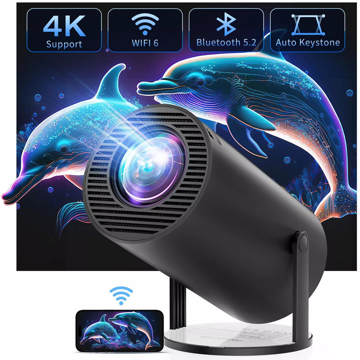 ARTSEA Projector 4K 1080P Support, Mini Projector Smart for Movie Projection Compatible with Phone