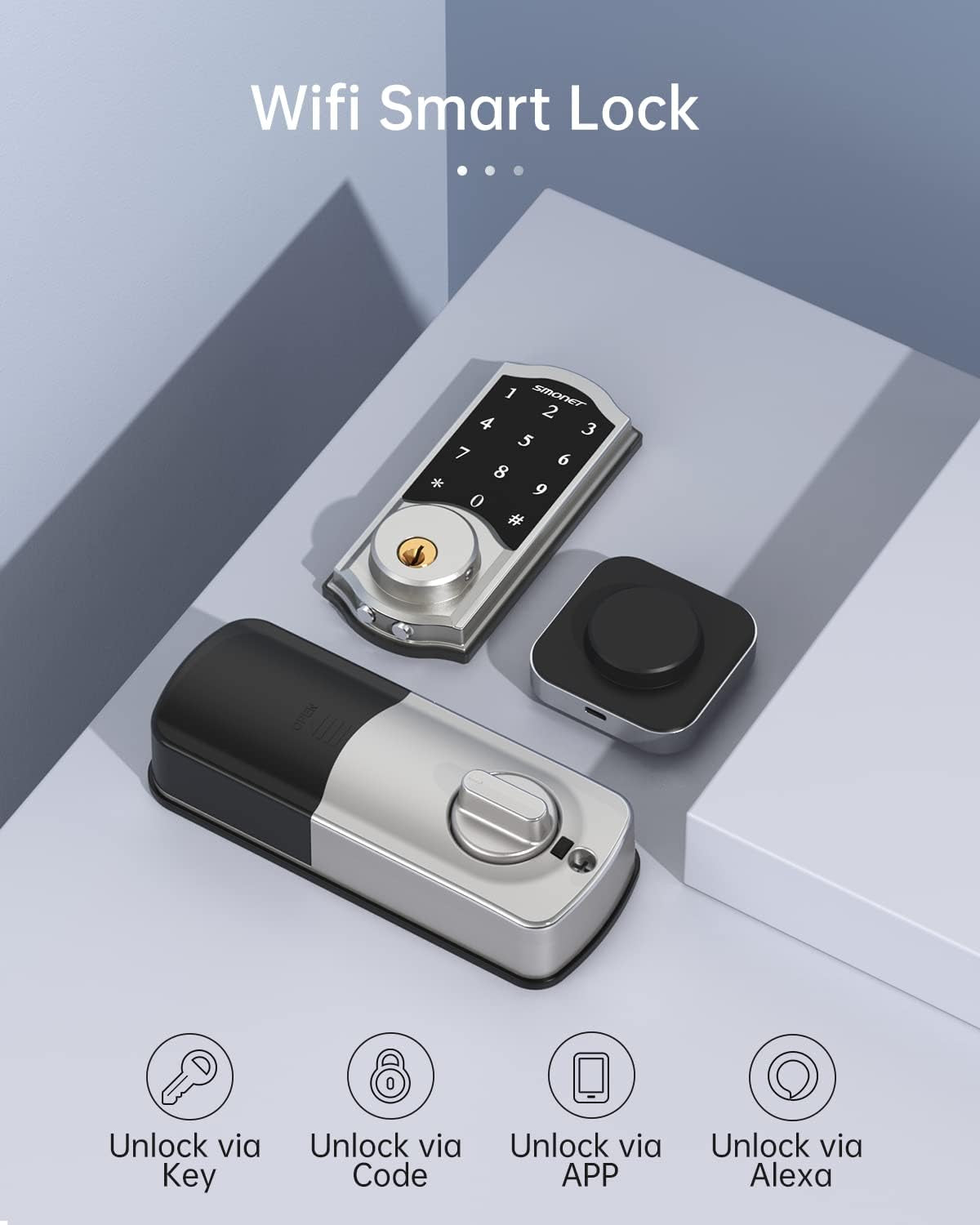 SMONET Bluetooth Smart Lock Electronic Digital Smart Deadbolt, Keyless Entry Door Lock with Keypads, Gateway Hub Included, Compatible with Alexa,App,Code for Home Apartment Front Door, Silver