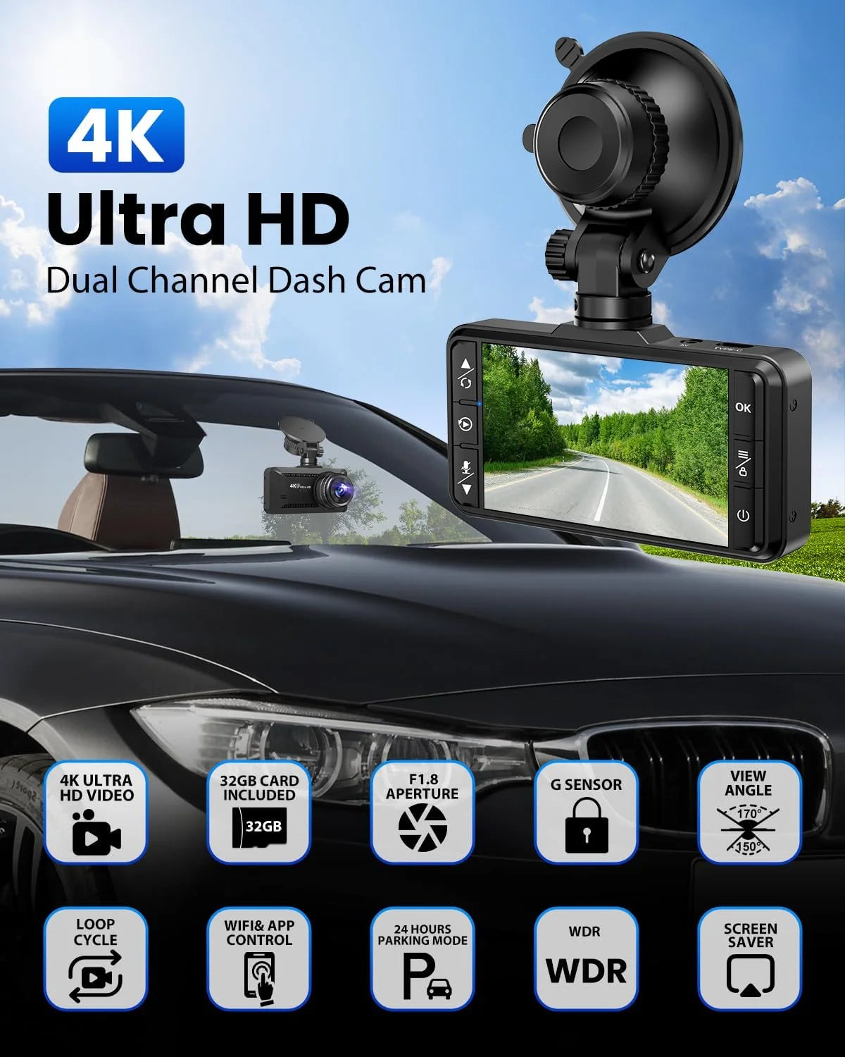 Dash Cam Front Rear 4K/1080P, Full HD Dash Cam with APP Control,Cars Build in Wifi, 3.94‘’IPS Screen Dash Camera with 32GB SD Card, G-Sensor, WDR, 24Hr Parking Mote, Loop Recording