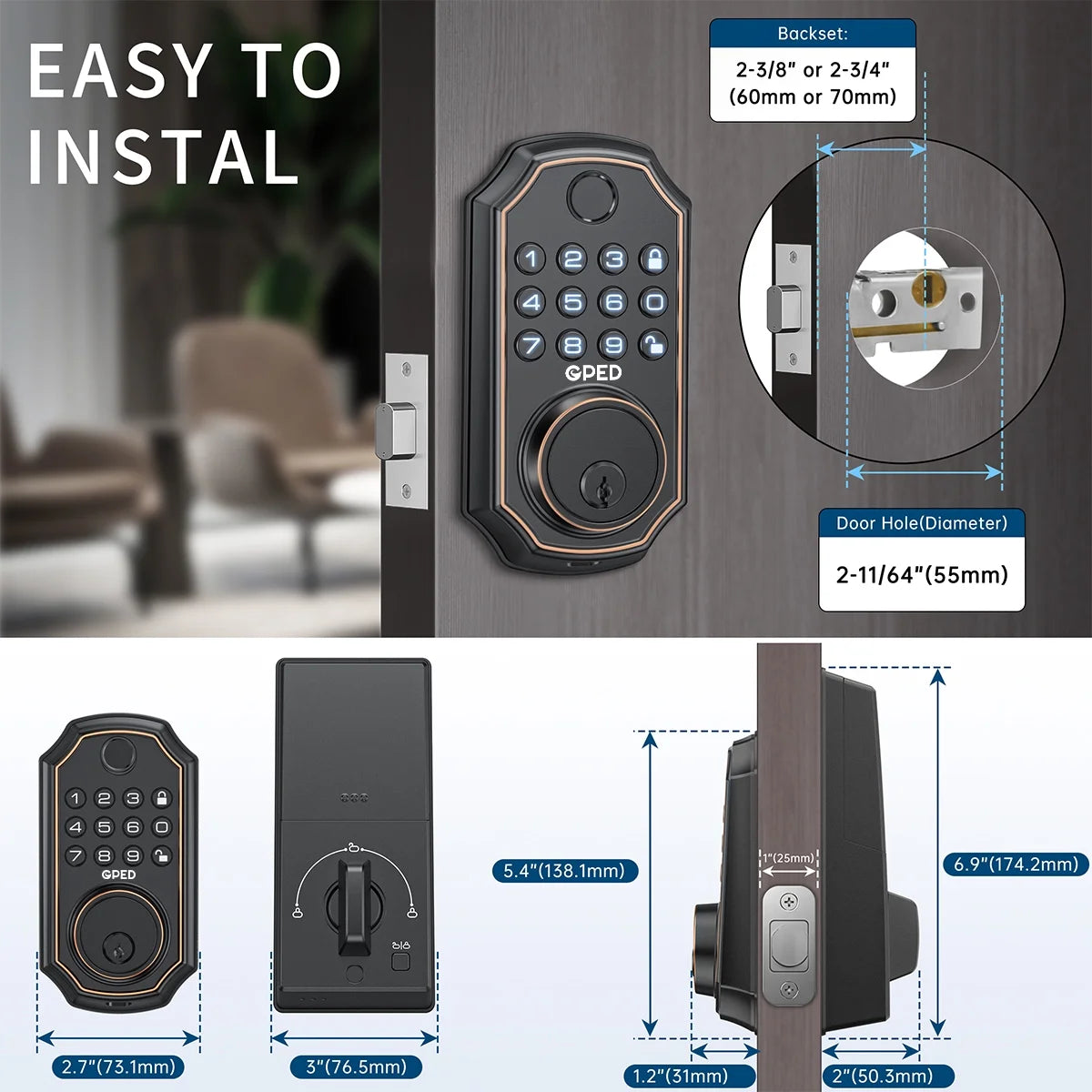 Fingerprint Door Lock, Keyless Entry Door Lock with APP Control, Smart Locks for Front Door, Deadbolt Lock with 50 User, Auto Lock, IP 66 Waterproof, Easy Installation
