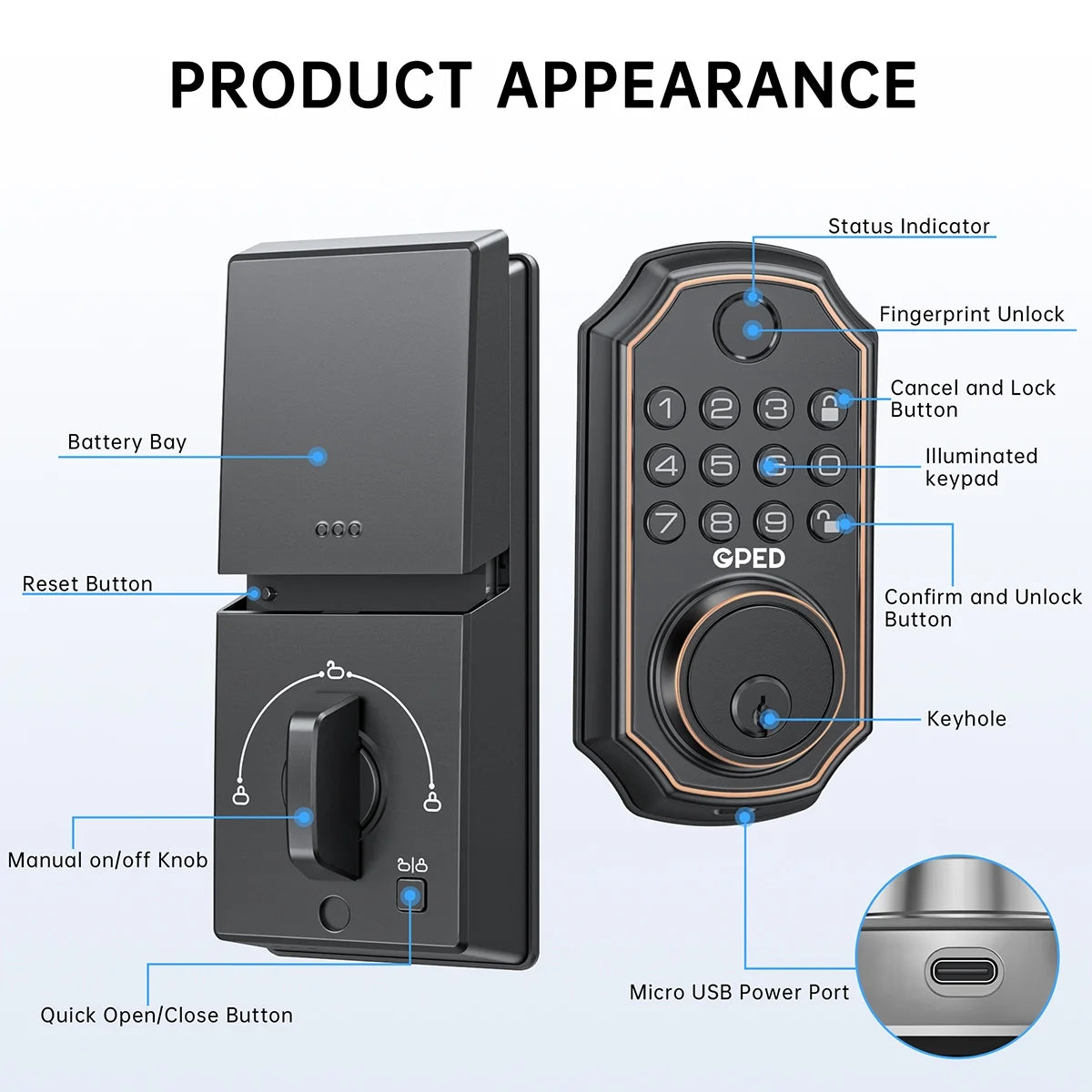 Fingerprint Door Lock, Keyless Entry Door Lock with APP Control, Smart Locks for Front Door, Deadbolt Lock with 50 User, Auto Lock, IP 66 Waterproof, Easy Installation
