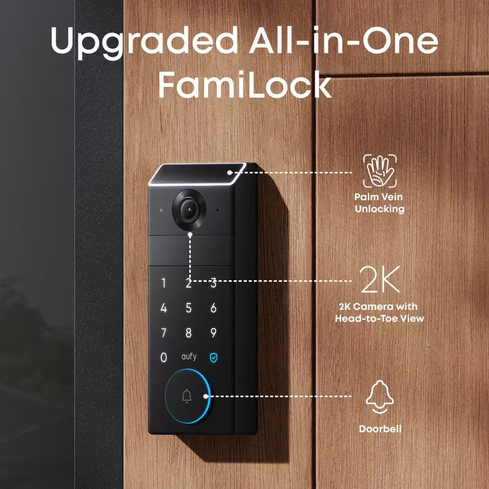 S3 Max Black Thumb-Turn Smart Lock Deadbolt with 2K Video Doorbell and Palm Scan (Compatible with Smart Devices)