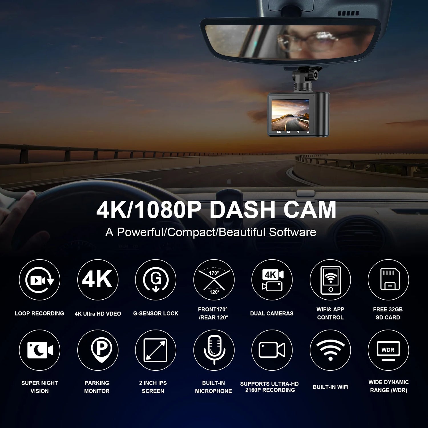 Dash Cam Front and Rear, 4K+1080P Car Camera with Built-In Wi-Fi, 3.94" IPS Screen, Free 32GB Card, Night Vision, G-Sensor, Loop Recording, 24H Parking Mode