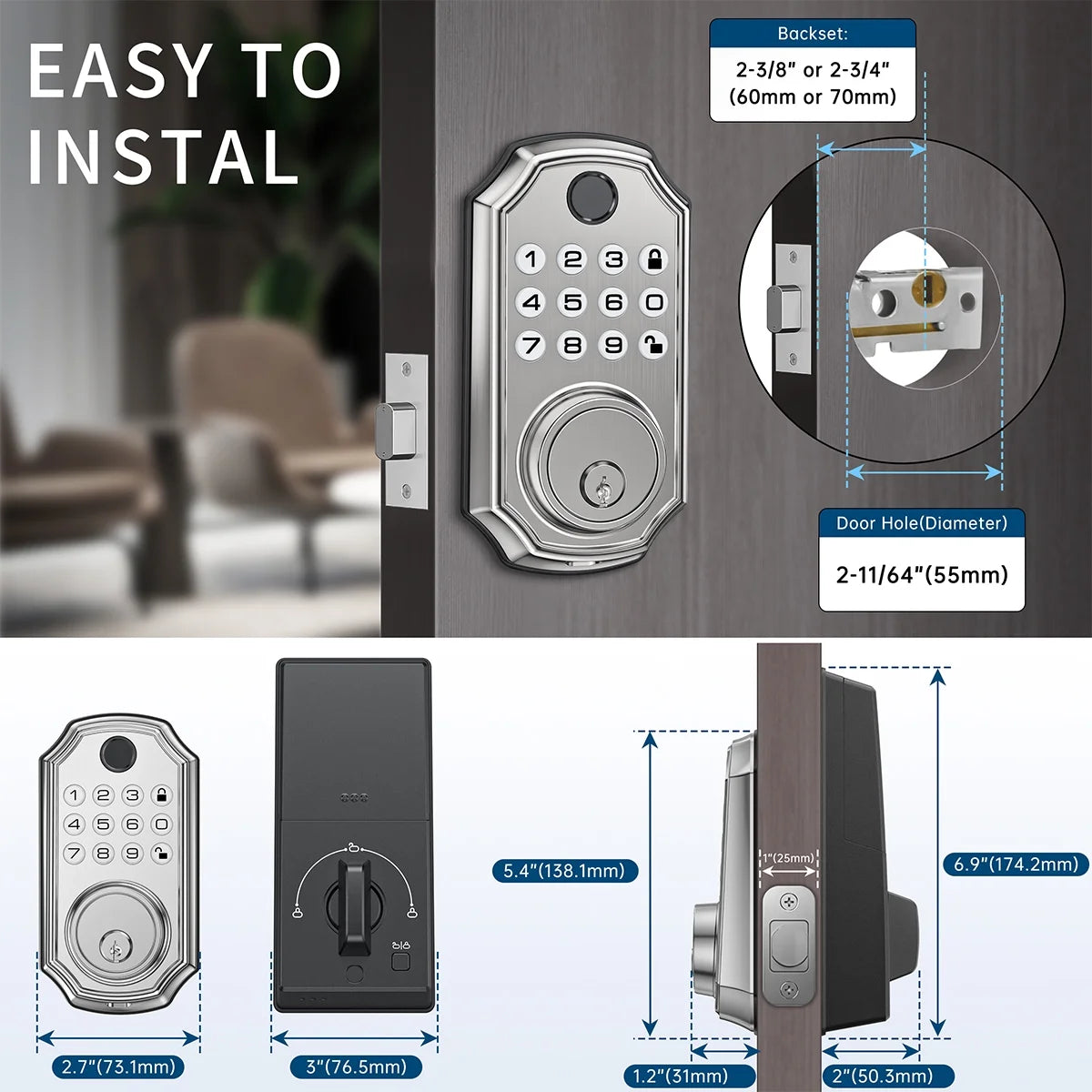 Fingerprint Door Lock, Keyless Entry Door Lock with APP Control, Smart Locks for Front Door, Deadbolt Lock with 50 User, Auto Lock, IP 66 Waterproof, Easy Installation, Silver