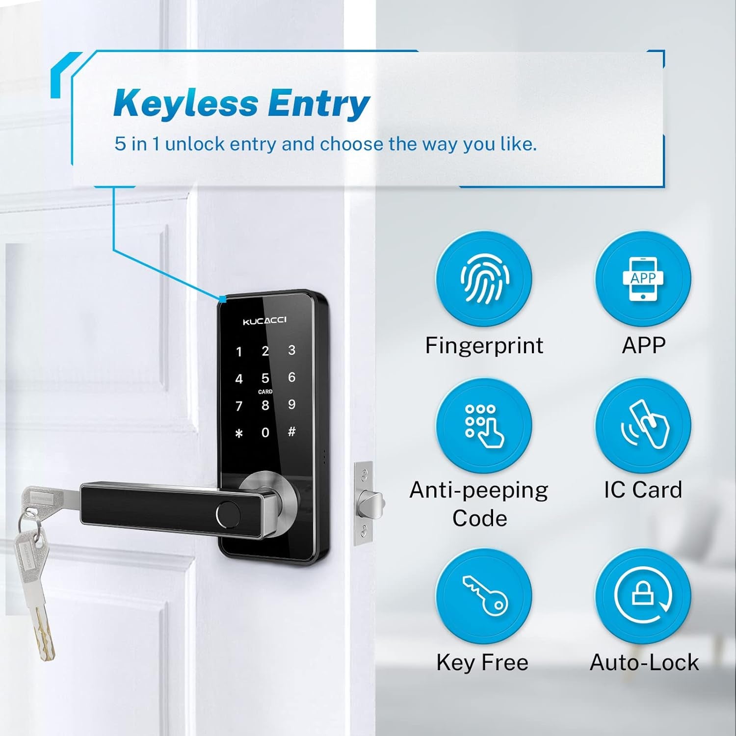 Stainless Steel Smart Door Lock, KUCACCI Keypad Door Lock with Handle, Biometric Fingerprint Door Lock, Keyless Entry Door Lock, Wifi Smart Locks for Front Door for Home, Hotel, Office