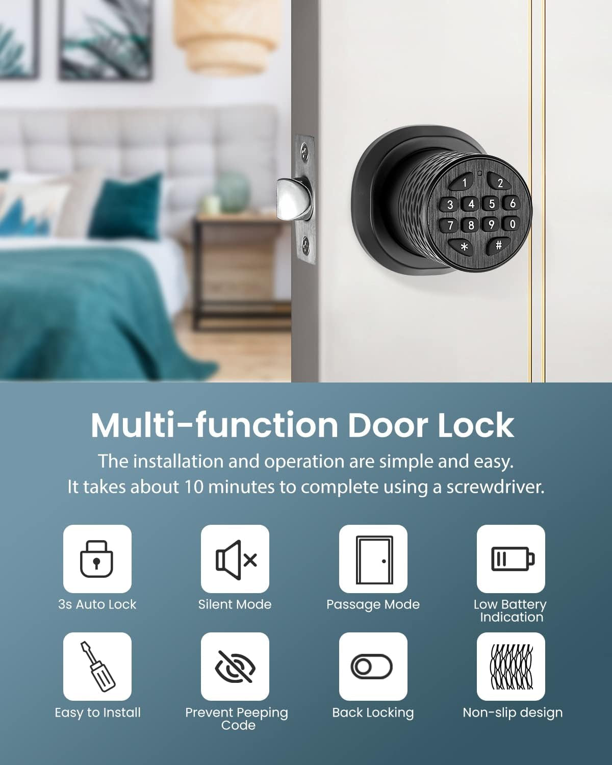 Smart Door Knob with Keypad, Electronic Keyless Entry Door Lock, 3S Auto Lock, A