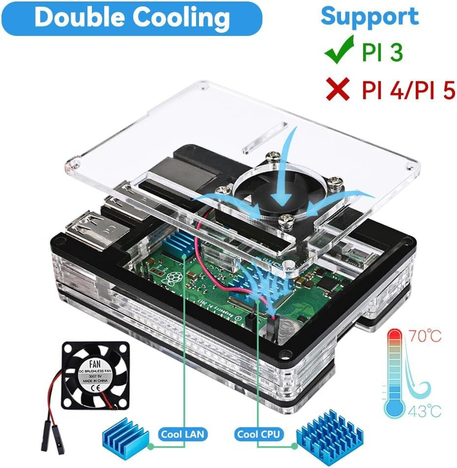 Raspberry Pi 3 B+ Case with Fan Cooling Pi 3B Case with 3 Pcs Heat-Sinks 5V