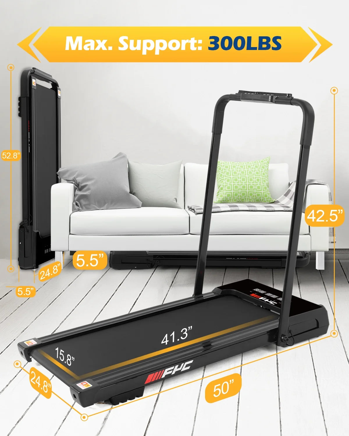 3.5HP under Desk Treadmill - 300LBS Weight Capacity, 2-In-1 Foldable Design, Remote Control & LED Display - Compact Electric Walking and Running Machine for Walking, Running, Jogging (Black)