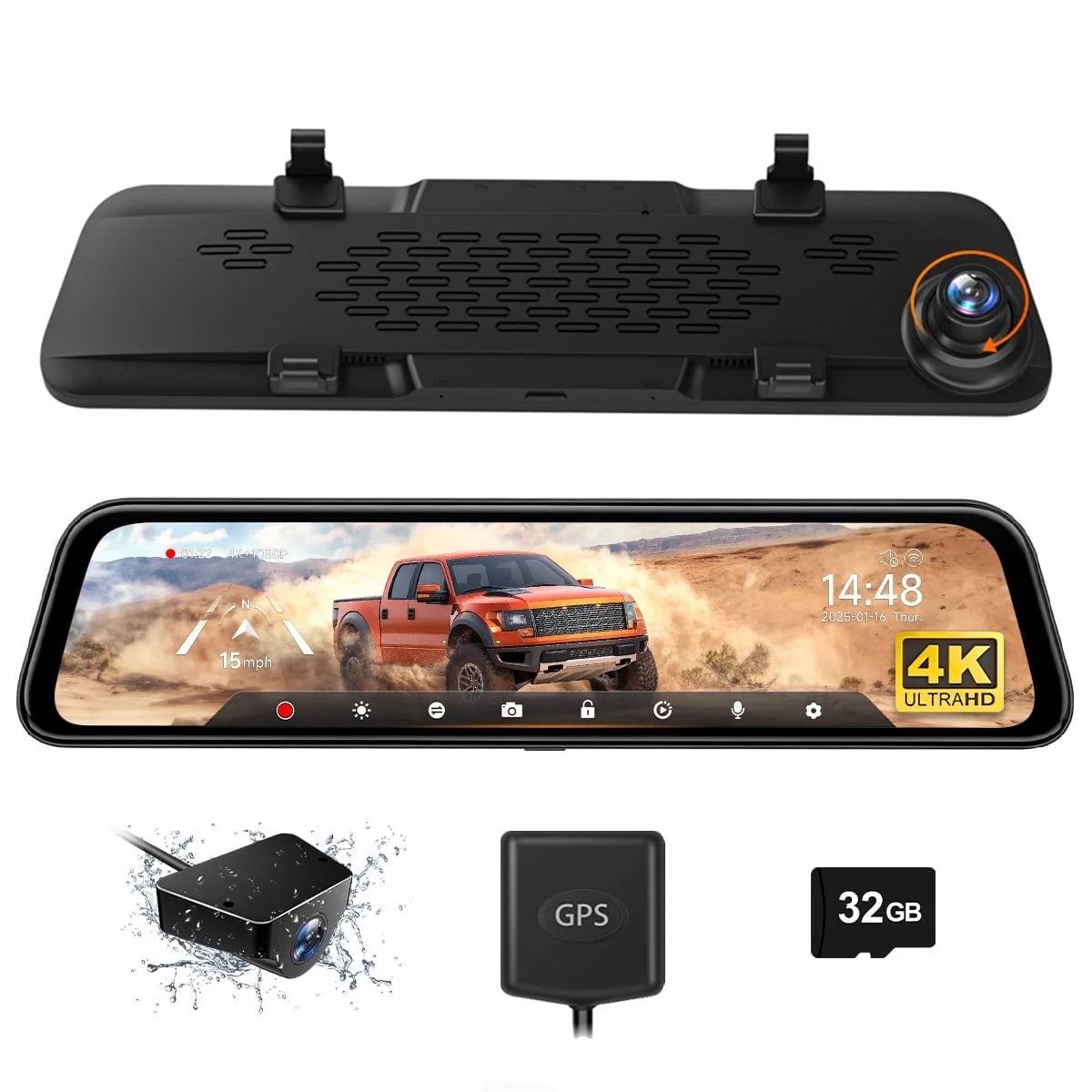 Mirror Dash Cam, 4K Front and 1080P Rear Dashcam, 12" Backup Camera with Night Vision, AI Dash Cam, Free 32GB Card