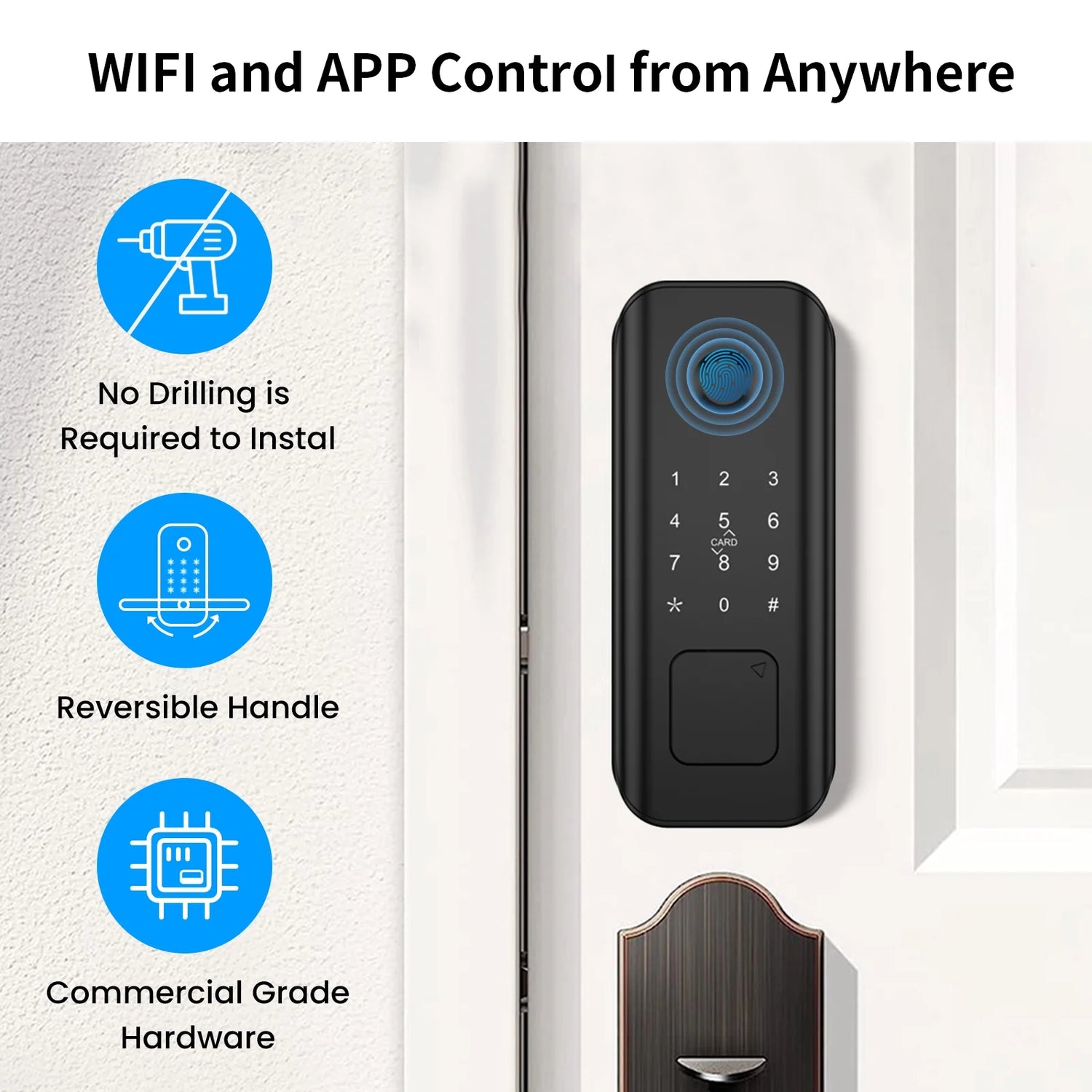 Security Smart Lock Fingerprint Door Latch Keyless Entry Wi-Fi Door Lock Wireless Electronic Deadbolt with Touchscreen Keypad Doorbell Key IC Card App Control IP65 Waterproof Matte Black