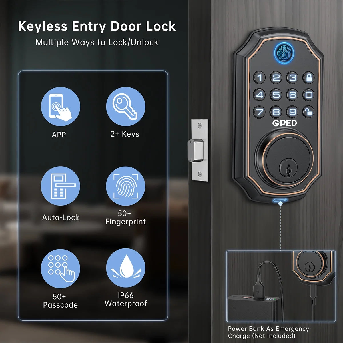 Fingerprint Door Lock, Keyless Entry Door Lock with APP Control, Smart Locks for Front Door, Deadbolt Lock with 50 User, Auto Lock, IP 66 Waterproof, Easy Installation
