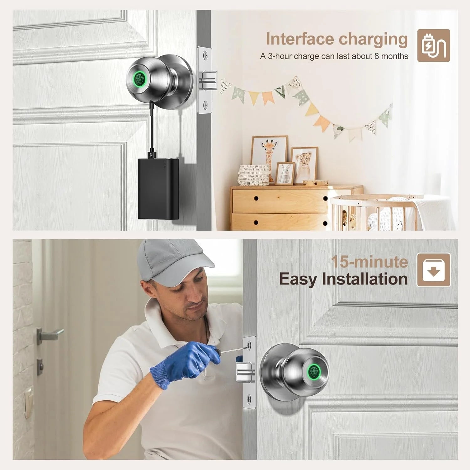 Smart Door Lock, Fingerprint Door Lock Knob with App Control, Suitable for Home, Cloakroom, Offices, Hotels (K10)