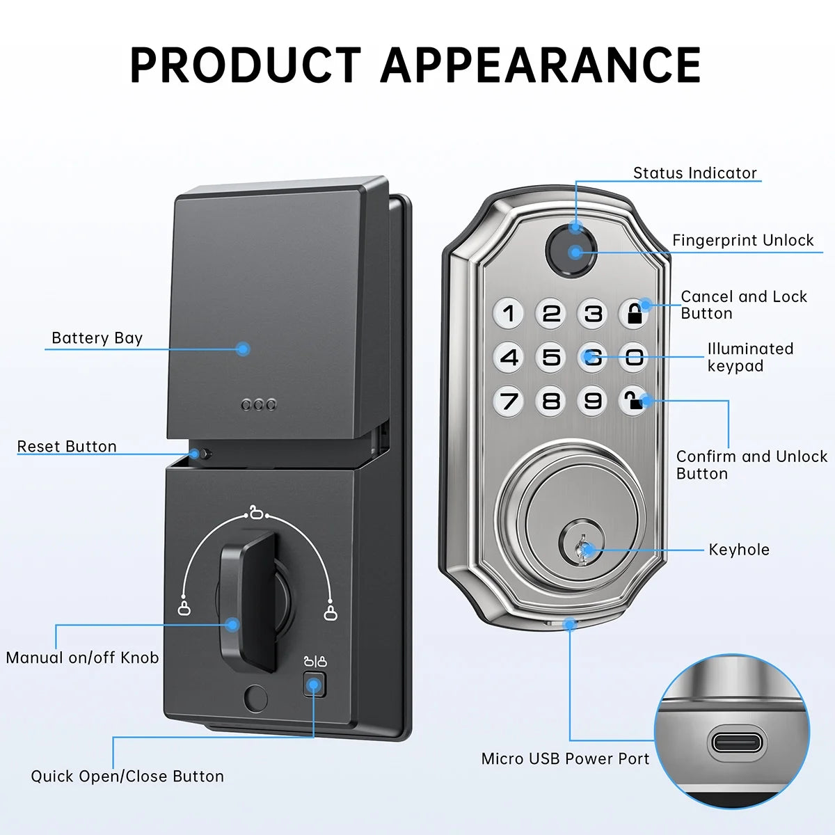 Fingerprint Door Lock, Keyless Entry Door Lock with APP Control, Smart Locks for Front Door, Deadbolt Lock with 50 User, Auto Lock, IP 66 Waterproof, Easy Installation, Silver