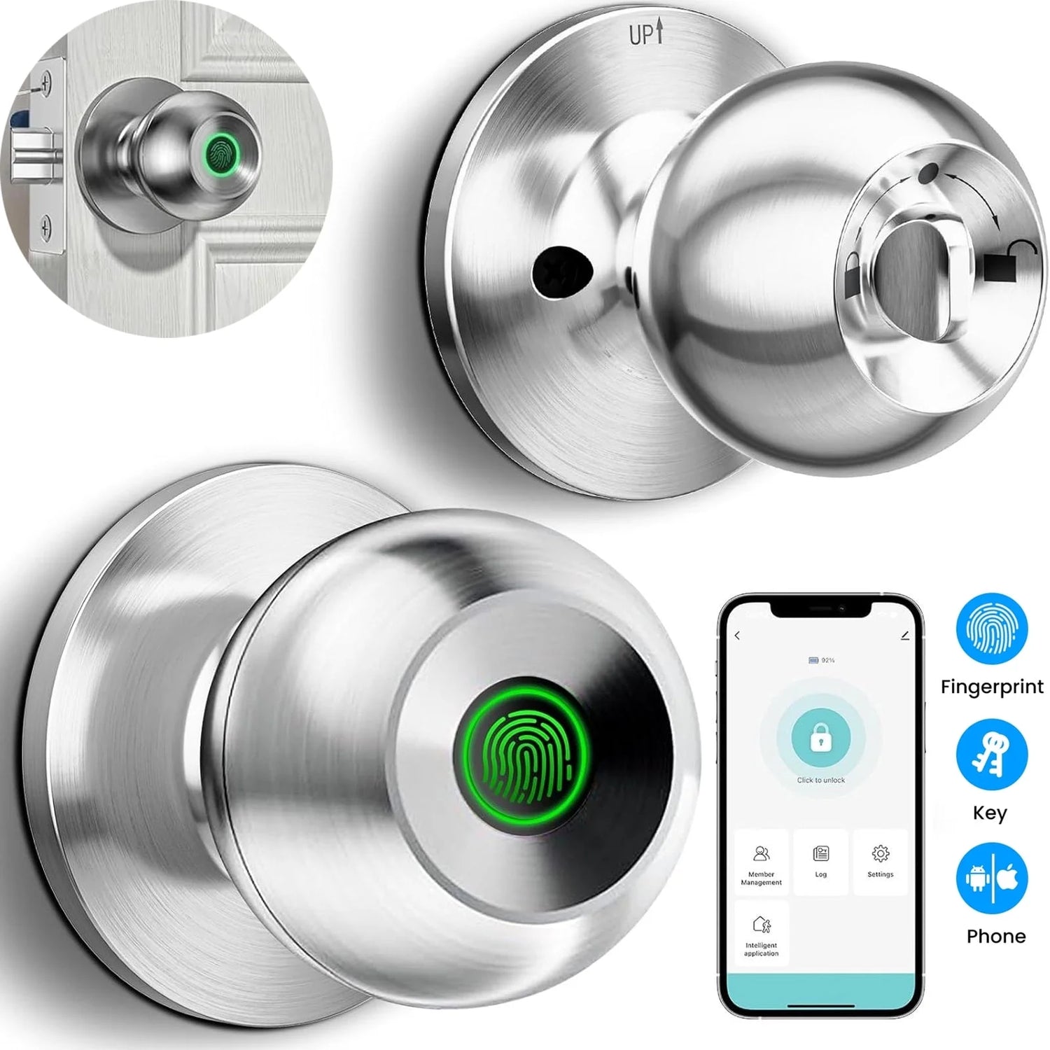 Fingerprint Door Lock - Smart Door Knob with App Smart Lock for Bedroom Door - Keyless Entry - Type-C Port Emergency Charging, Biometric Lock Great for Room, Garage, Office, Apartment (Silver)