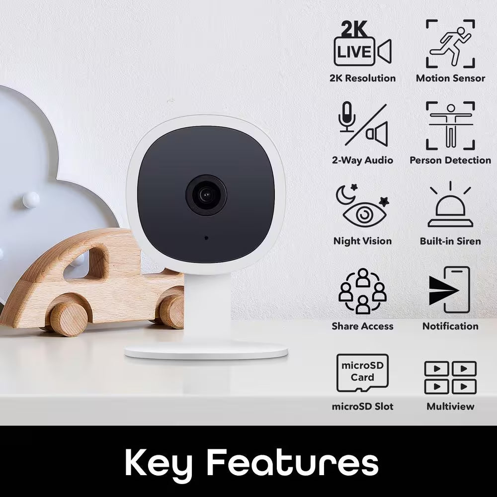 Vision 2K Wired Plug-In Indoor Smart Security Camera, Flexible Stem, Night Vision, Two-Way Talk, Live View, White