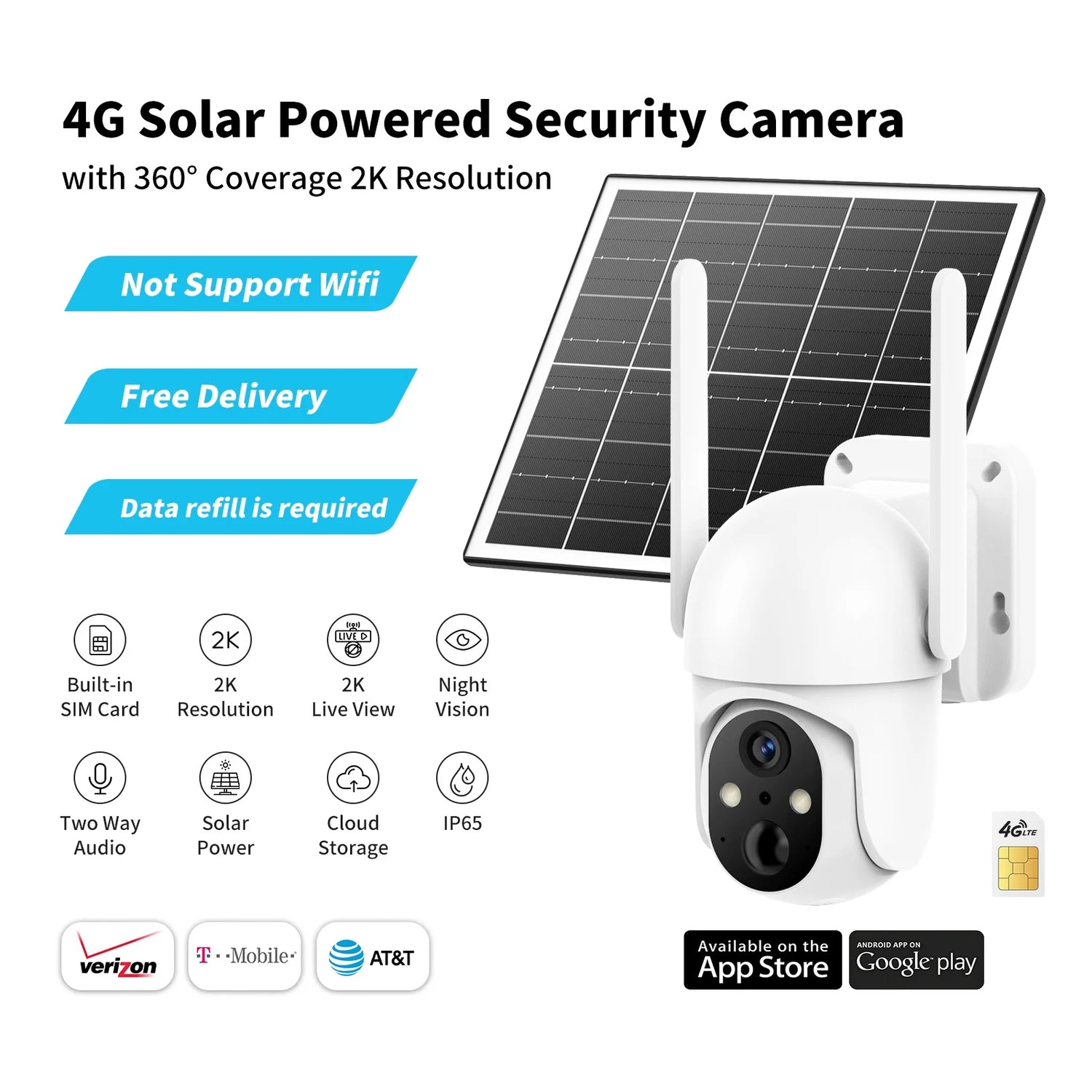 4G LTE Cellular Solar Security Camera, Wireless Outdoor PTZ 360° Home Farm Surveillance, 2K Color Night Vision, PIR Motion, Two-Way Audio, Waterproof