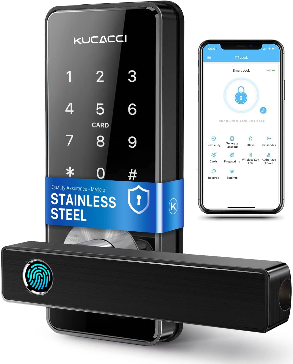 Stainless Steel Smart Door Lock, KUCACCI Keypad Door Lock with Handle, Biometric Fingerprint Door Lock, Keyless Entry Door Lock, Wifi Smart Locks for Front Door for Home, Hotel, Office