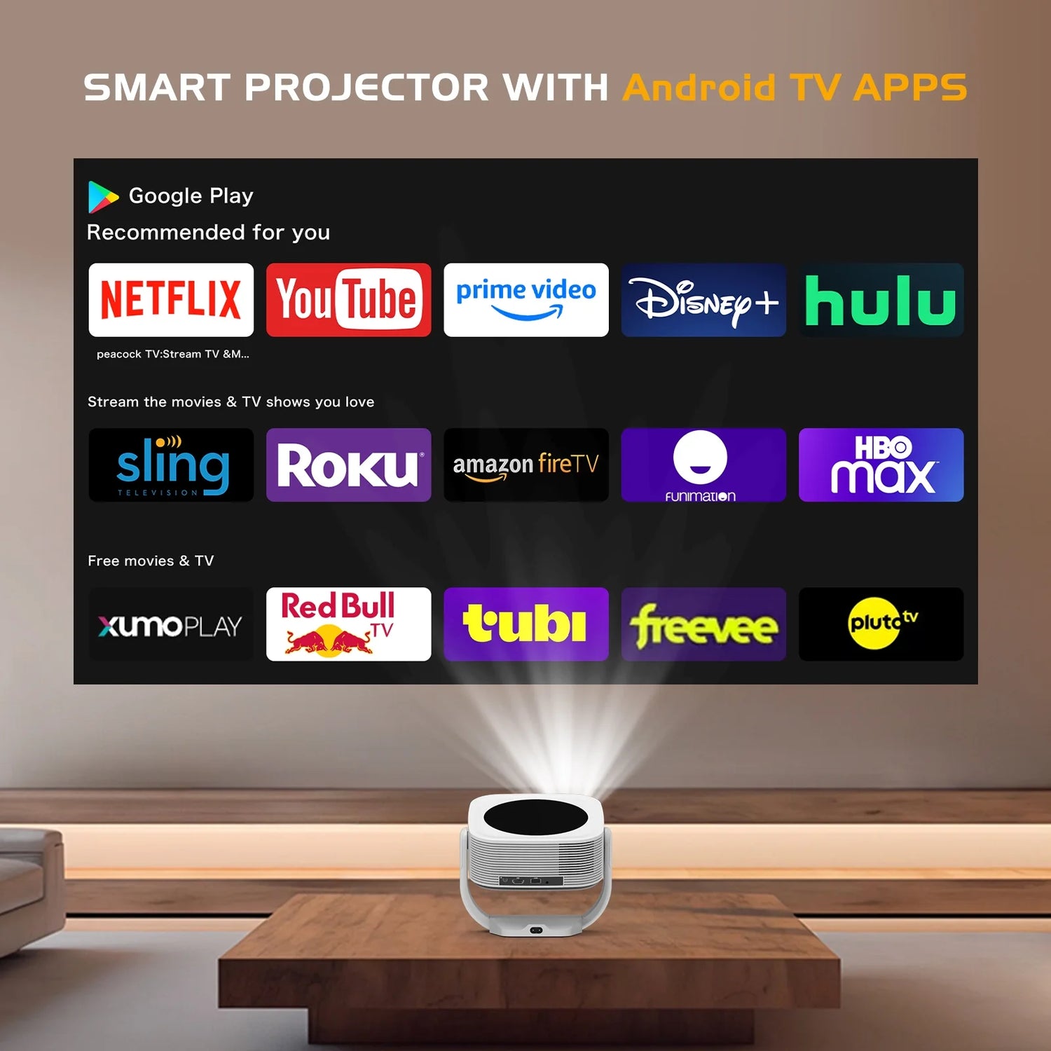 [Built-In Apps]  Projector 4K with Wifi and Bluetooth, 16000L Movie Projector with [Electric Focus and Auto Keystone], 270° Rotatable Portable Outdoor Projector for HDMI, USB, Phone