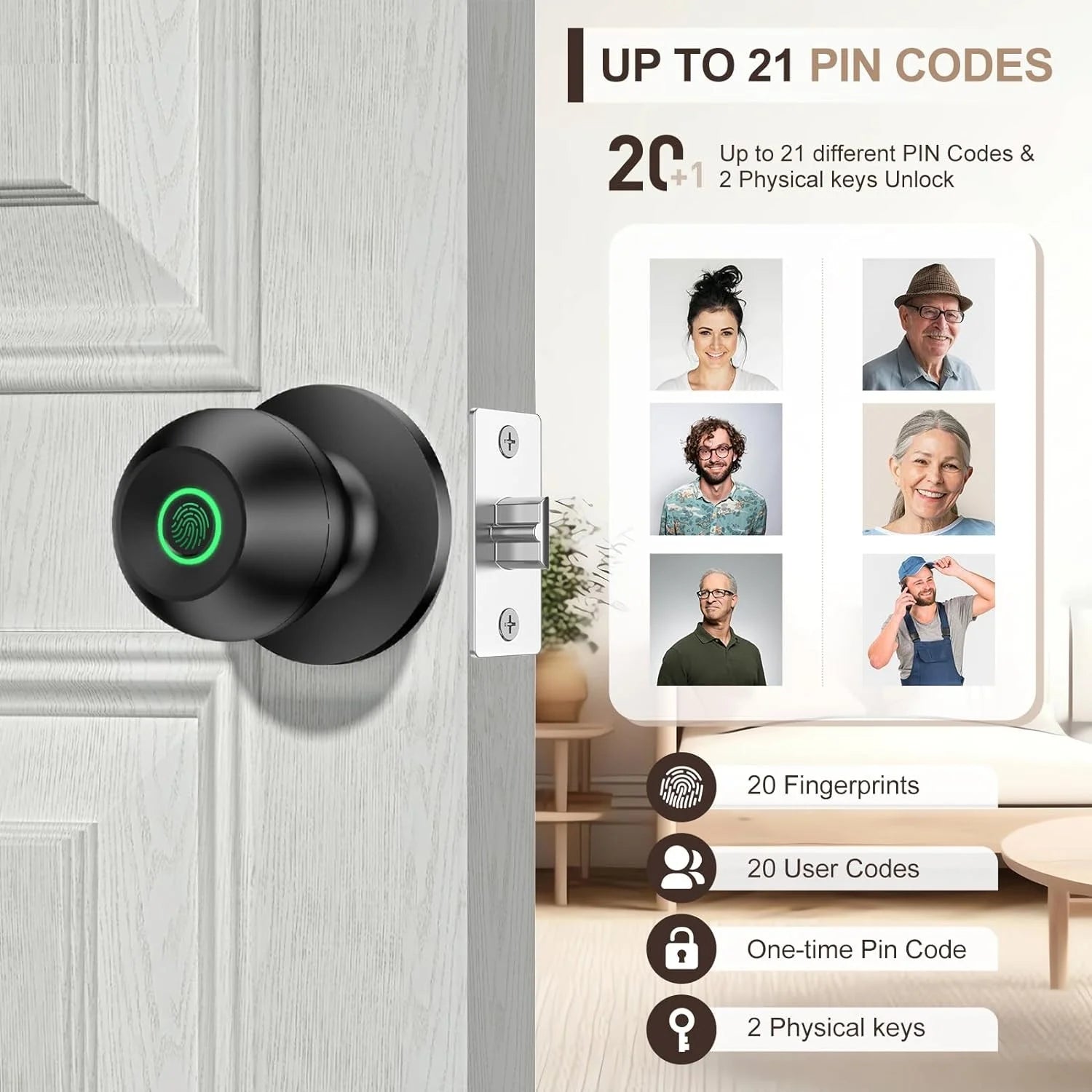 Smart Door Lock, Fingerprint Door Lock Knob with App Control, Suitable for Home, Cloakroom, Offices, Hotels (K10)