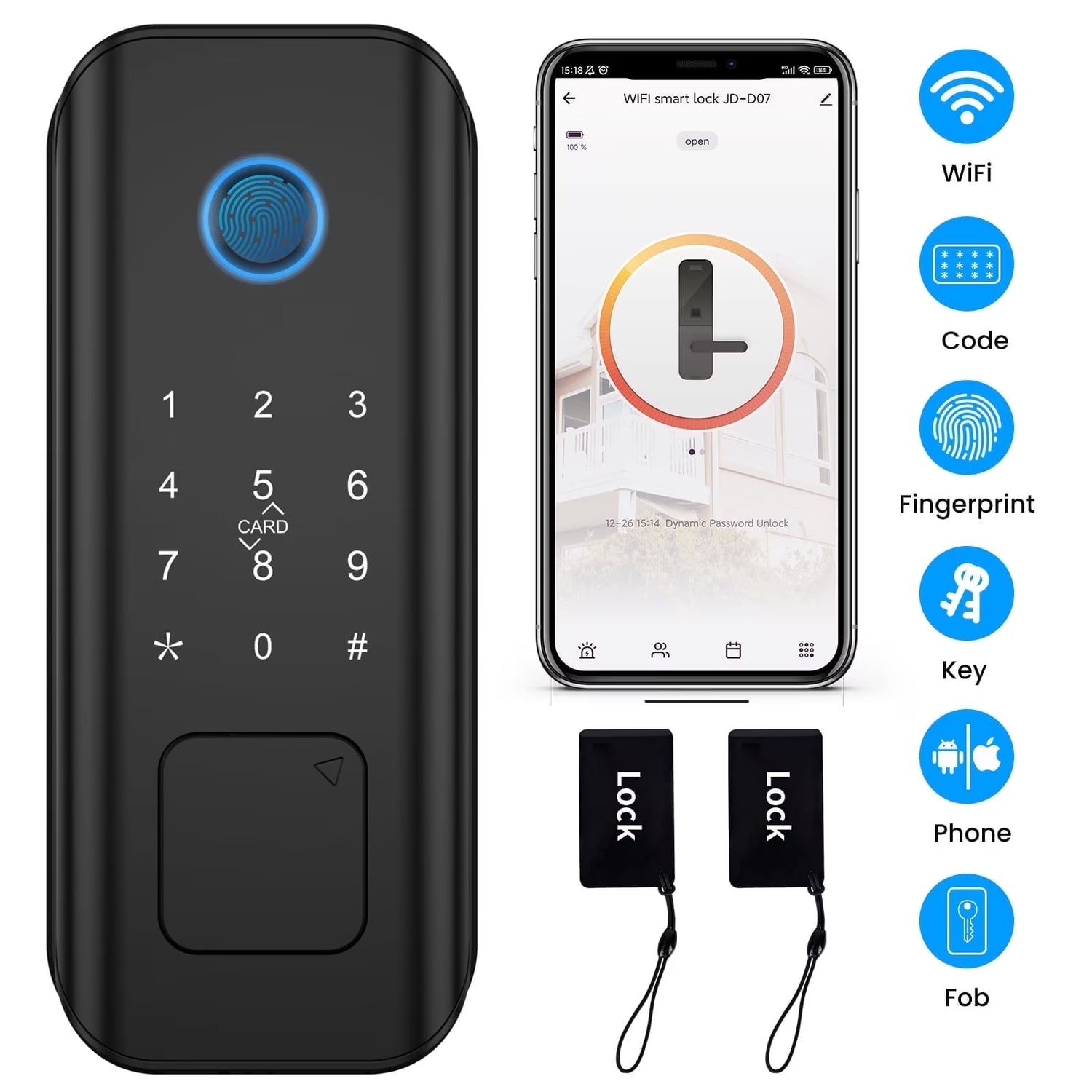 Security Smart Lock Fingerprint Door Latch Keyless Entry Wi-Fi Door Lock Wireless Electronic Deadbolt with Touchscreen Keypad Doorbell Key IC Card App Control IP65 Waterproof Matte Black