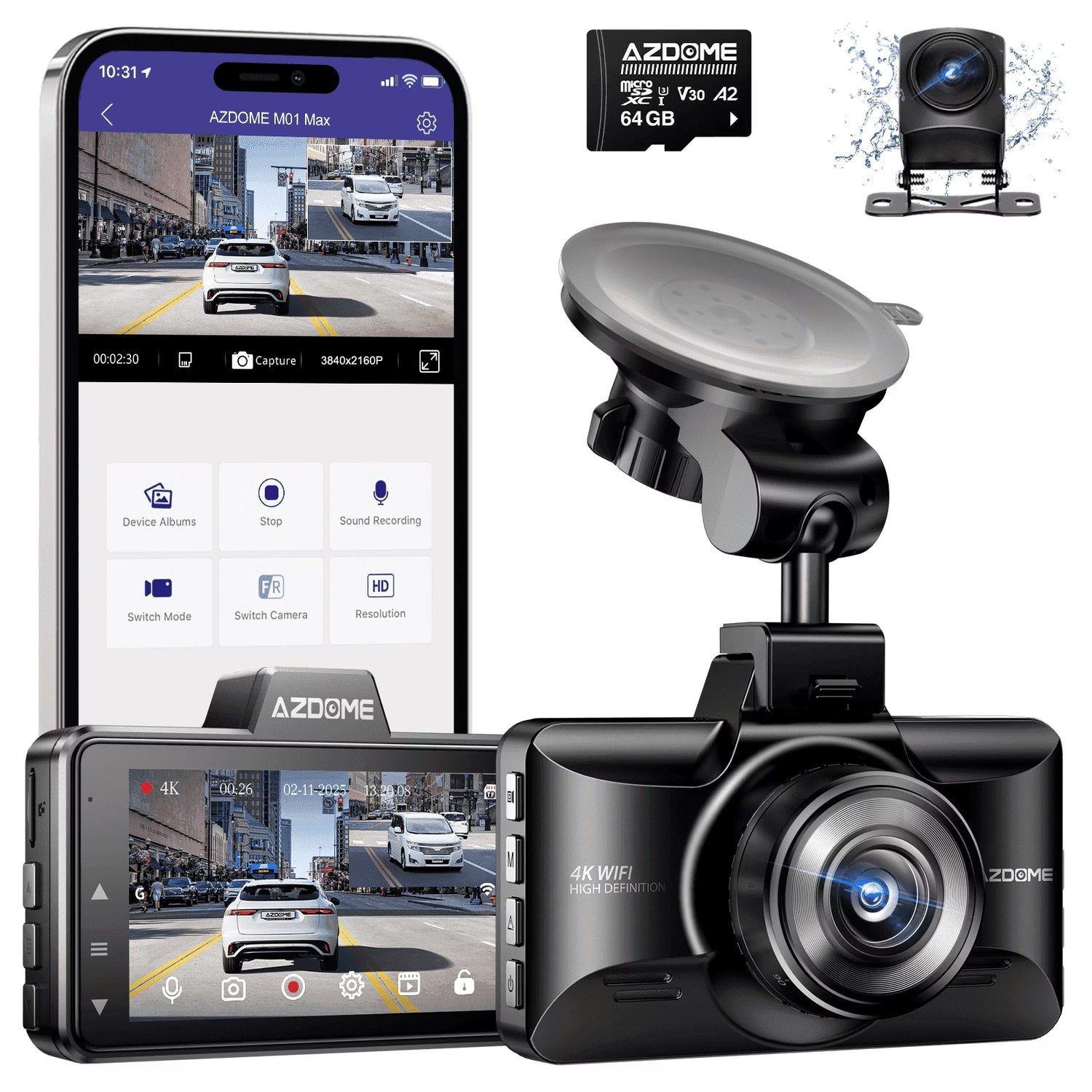 Dash Cam Front and Rear, 4K+1080P Dual Dash Camera for Cars,With Built-In Wifi G-Sensor, ADAS, App Control, 24H Parking Mode, Waterproof Backup Camera, 64GB Card Included