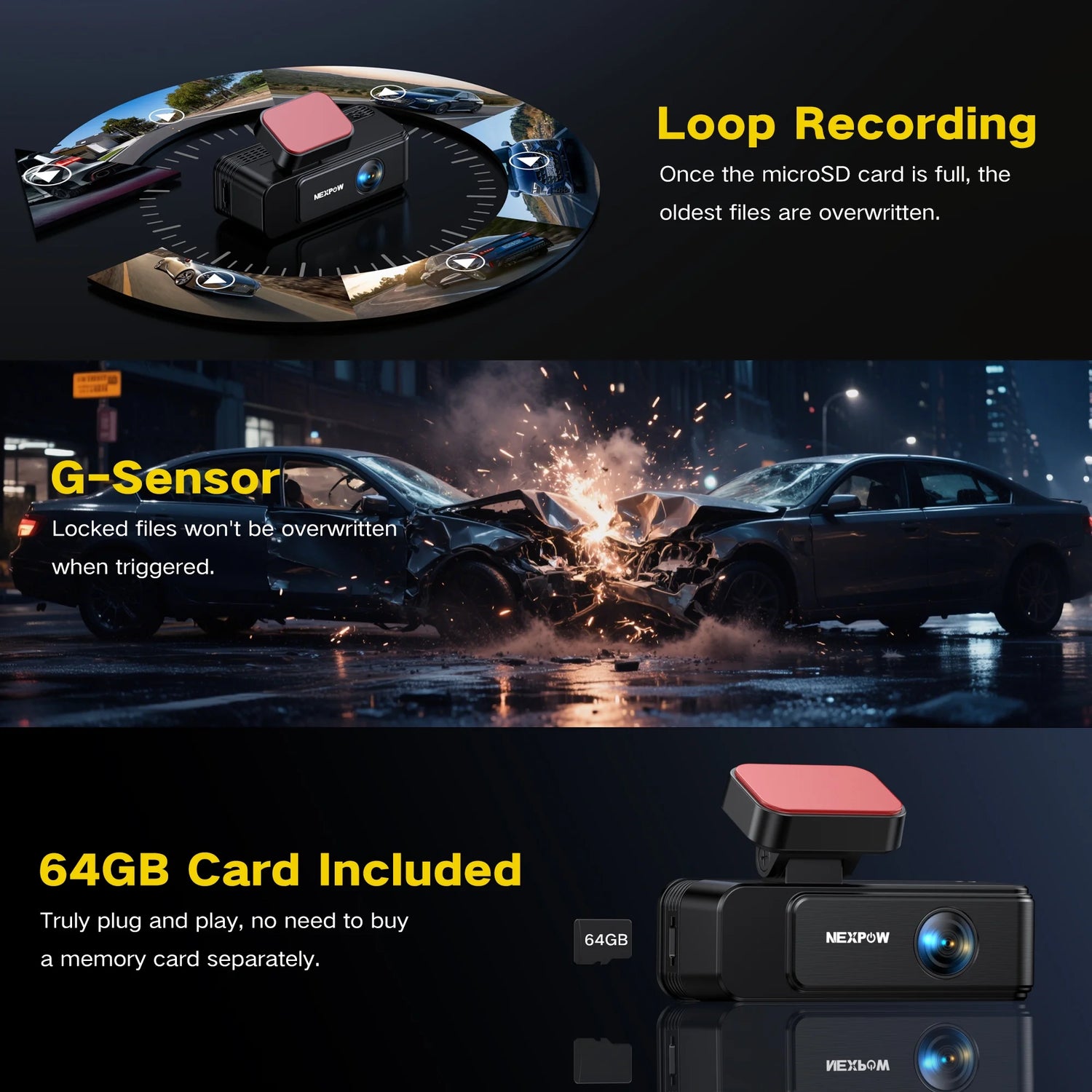4K+2K Dash Cam,Front and Rear Dual Dash Camera for Cars with 64GB Card,Built-In Wifi,Night Vision,G-Sensor,Loop Recording