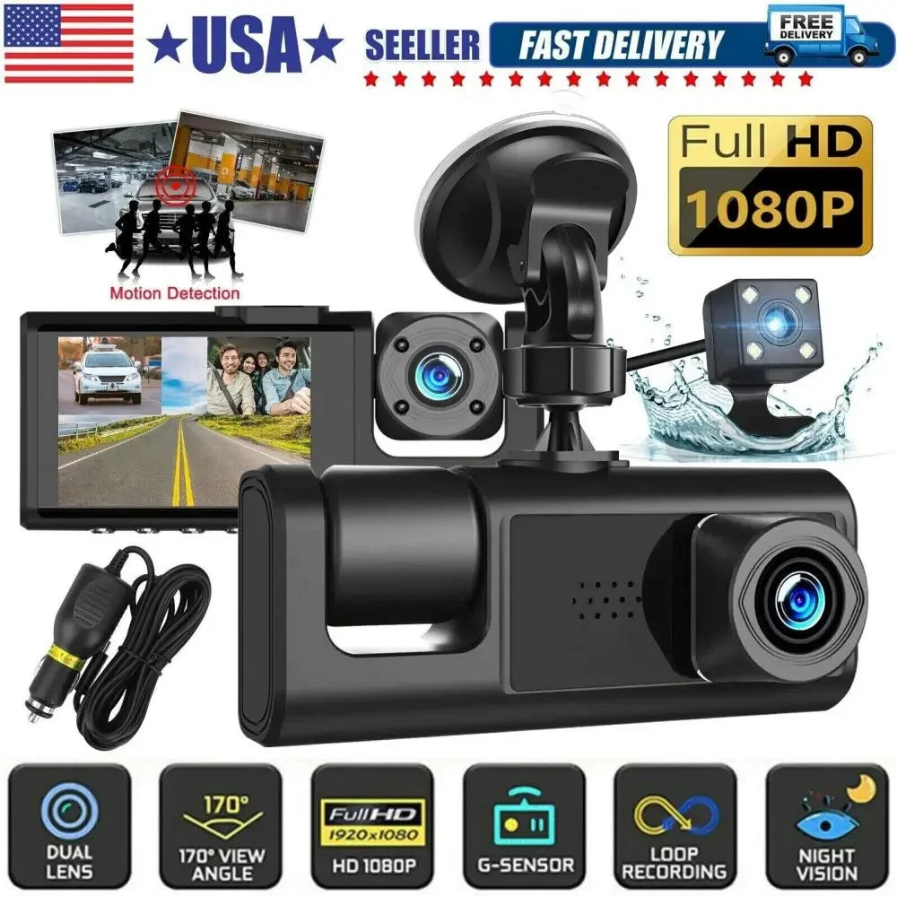 Car Dual Lens Dash Cam HD 1080P Front/Rear/Inside Video Recorder Camera G-Sensor