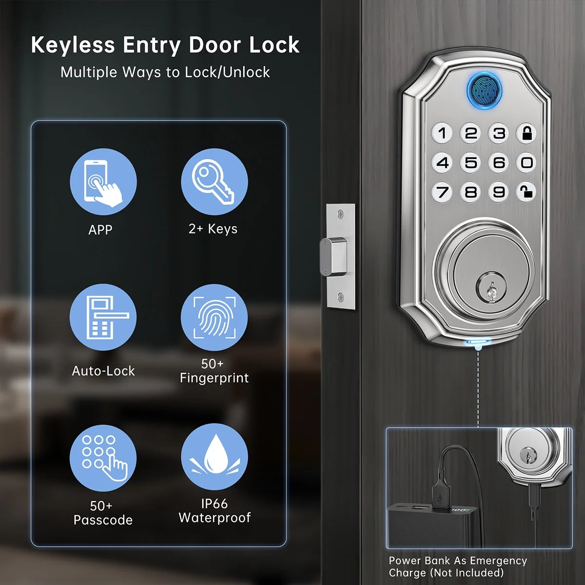 Fingerprint Door Lock, Keyless Entry Door Lock with APP Control, Smart Locks for Front Door, Deadbolt Lock with 50 User, Auto Lock, IP 66 Waterproof, Easy Installation, Silver