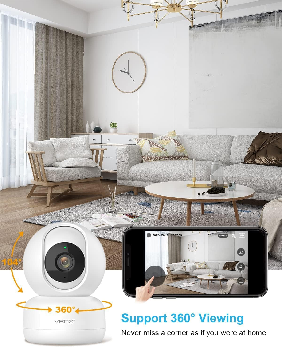 VENZ 1080P Indoor Security Camera with 360° PTZ, Audio Monitoring, and 2.4G WiFi Connectivity - Smart Home Camera for Pets and Babies