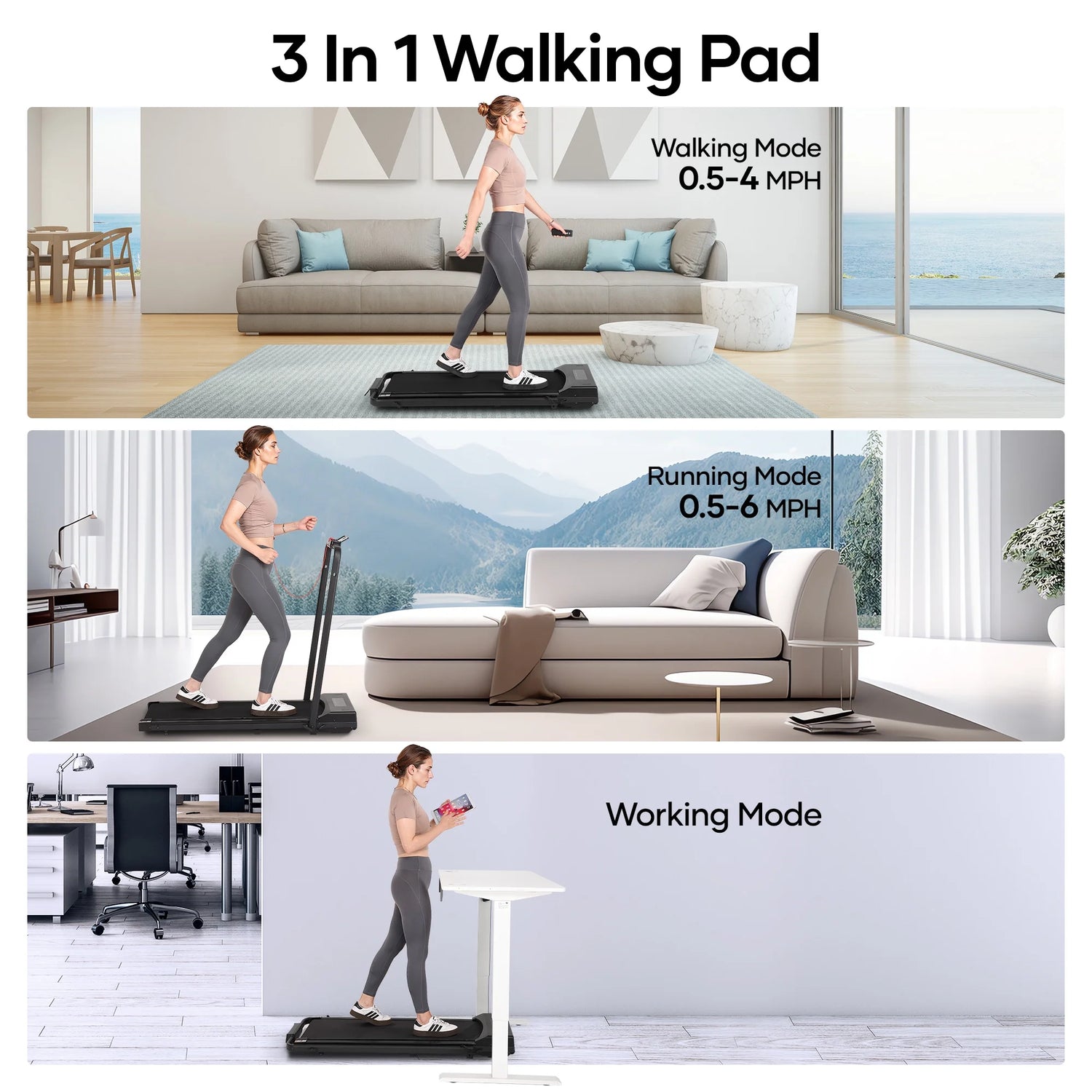Treadmill Foldable 2 in 1 Walking Pad Compact Electric Running Remote Control for Home Fitness
