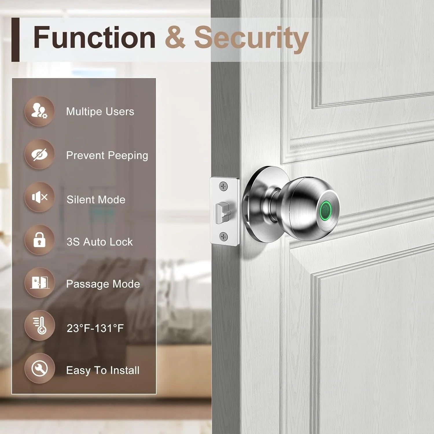 Smart Door Lock, Fingerprint Door Lock Knob with App Control, Suitable for Home, Cloakroom, Offices, Hotels (K10)