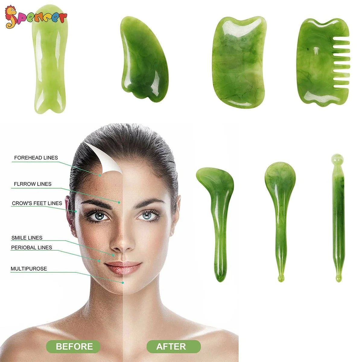 7Pcs Gua Sha Scraping Massage Tool Set, Natural Resin Quartz Stone Shape Facial Body Massage Board for Neck Release, Reduce Muscle Pain