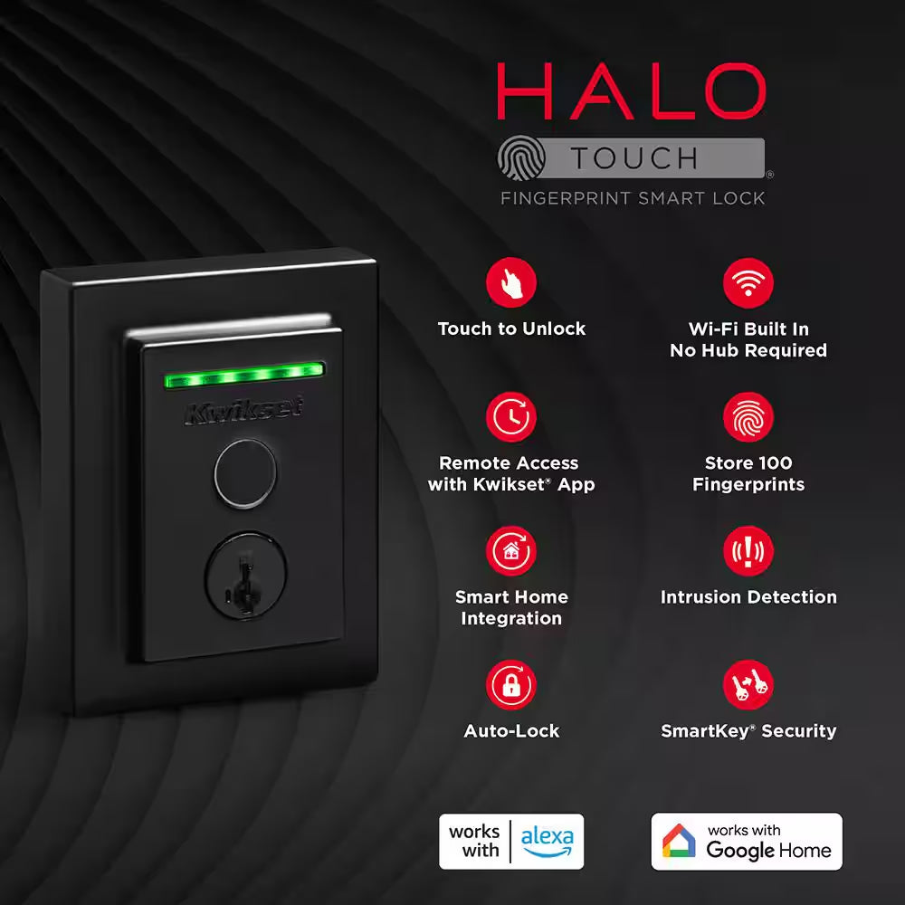 HALO Touch Matte Black Contemporary Fingerprint Wifi Electronic Smart Lock Deadbolt Featuring Smartkey Security