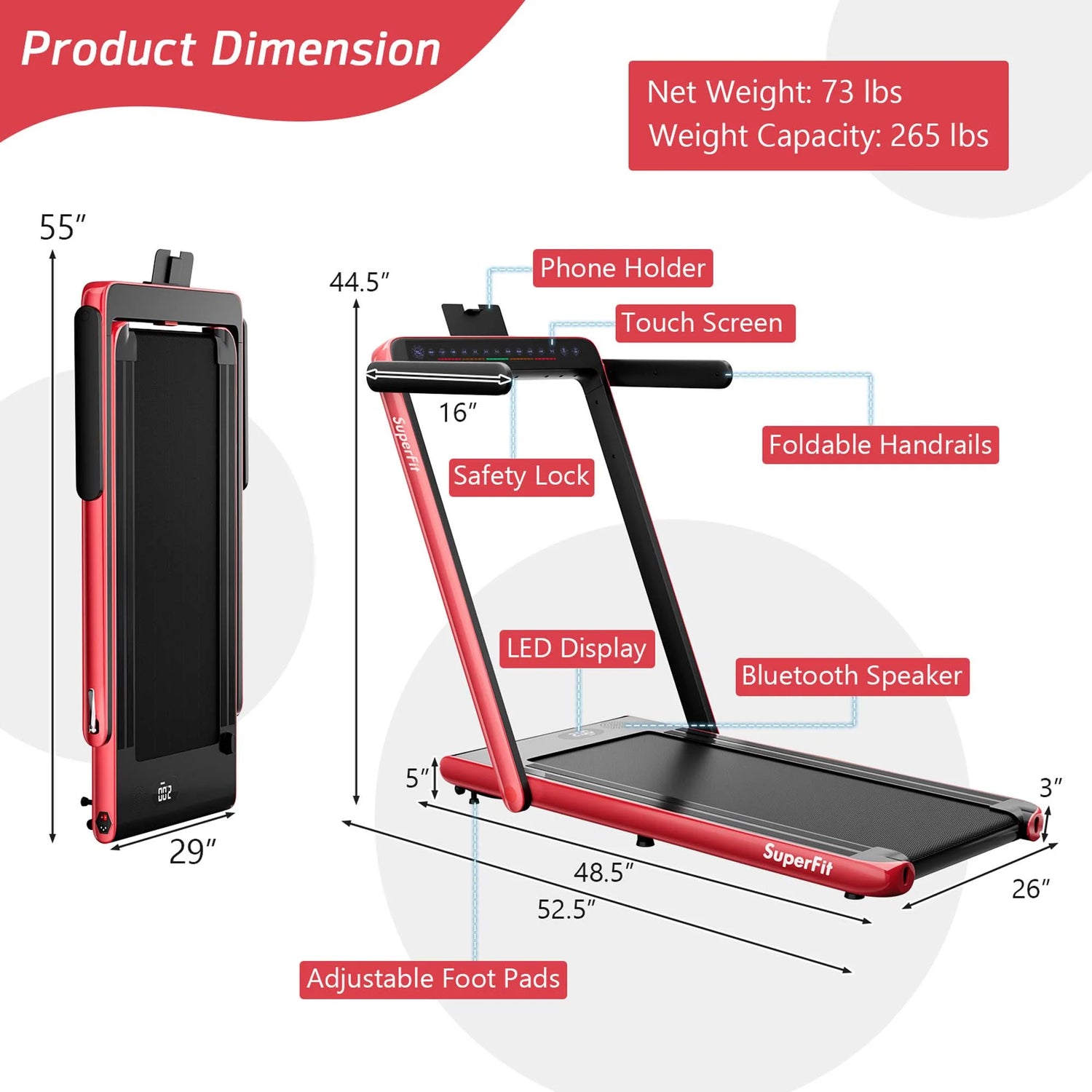 Superfit up to 7.5MPH 2.25HP 2 in 1 Dual Display Screen Treadmill Jogging Machine W/APP Control Red