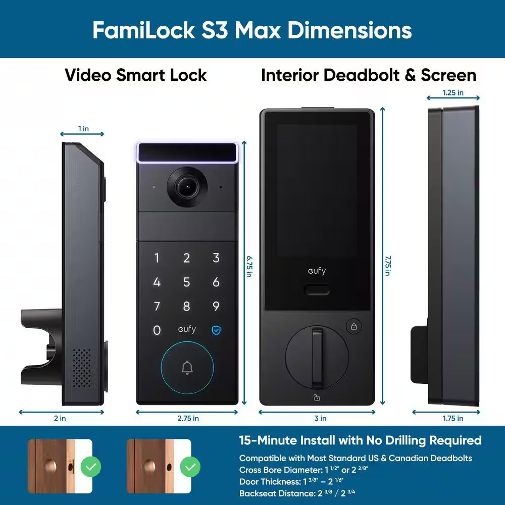 S3 Max Black Thumb-Turn Smart Lock Deadbolt with 2K Video Doorbell and Palm Scan (Compatible with Smart Devices)