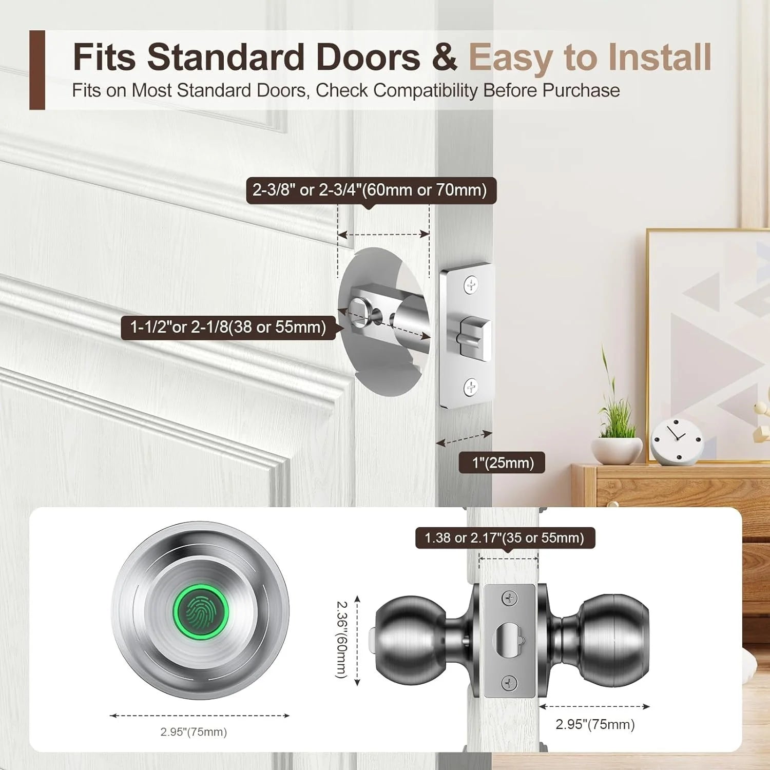 Smart Door Lock, Fingerprint Door Lock Knob with App Control, Suitable for Home, Cloakroom, Offices, Hotels (K10)