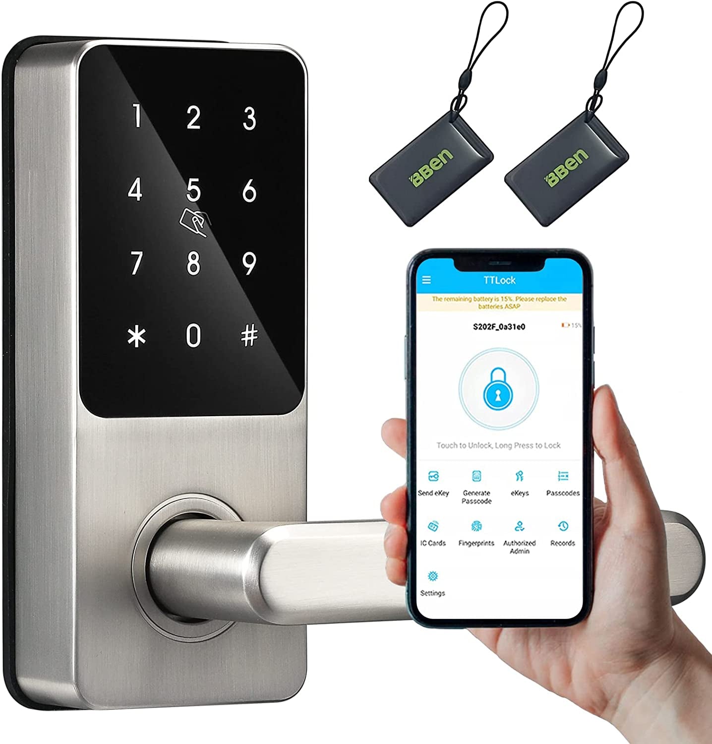BBEN Smart Keyless Entry Door Lock with Reversible Handle, Touchscreen Keypad, Electronic Digital Bluetooth Front Door Lock, Biometric Door Lock, Auto Lock,For Home Apartment Office