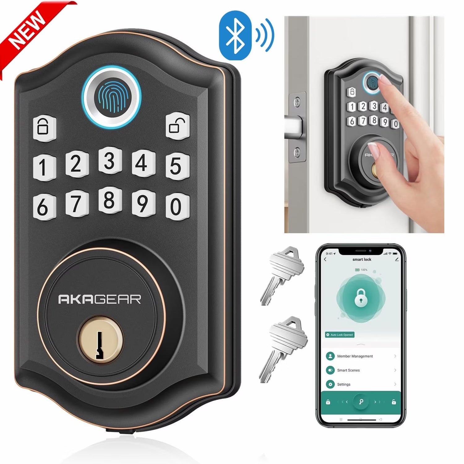 Fingerprint Door Lock with APP Control, Security Smart Deadbolt Locks for Front Door, Auto Lock, Easy Installation, Bronze