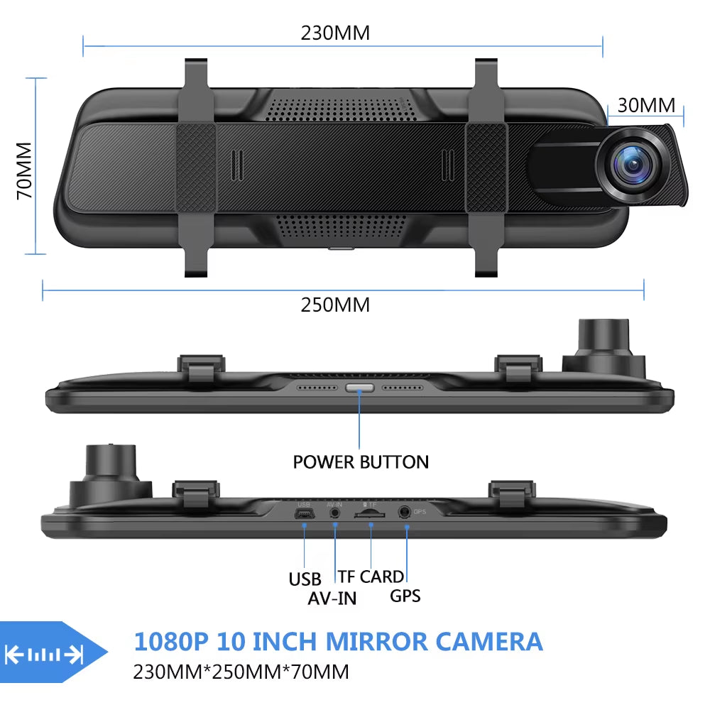 Backup Camera 10 Inch Mirror Dash Cam Dual Lens Front Rear Dash Camera 1080P Full Touch Screen Waterproof Parking Monitor