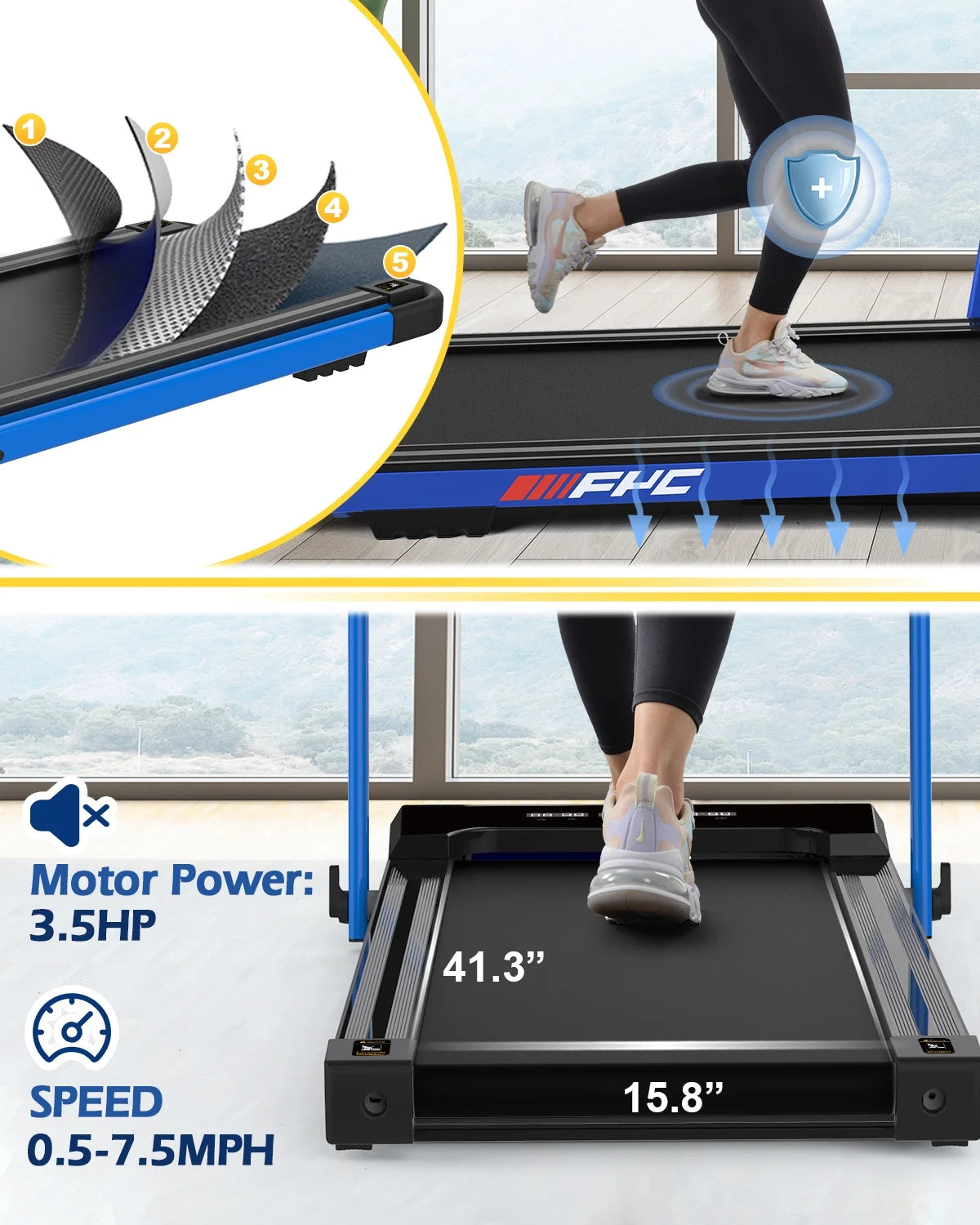 3.5HP under Desk Treadmill - 300LBS Weight Capacity, 2-In-1 Foldable Design, Remote Control & LED Display - Compact Electric Walking and Running Machine for Walking, Running, Jogging (Blue)