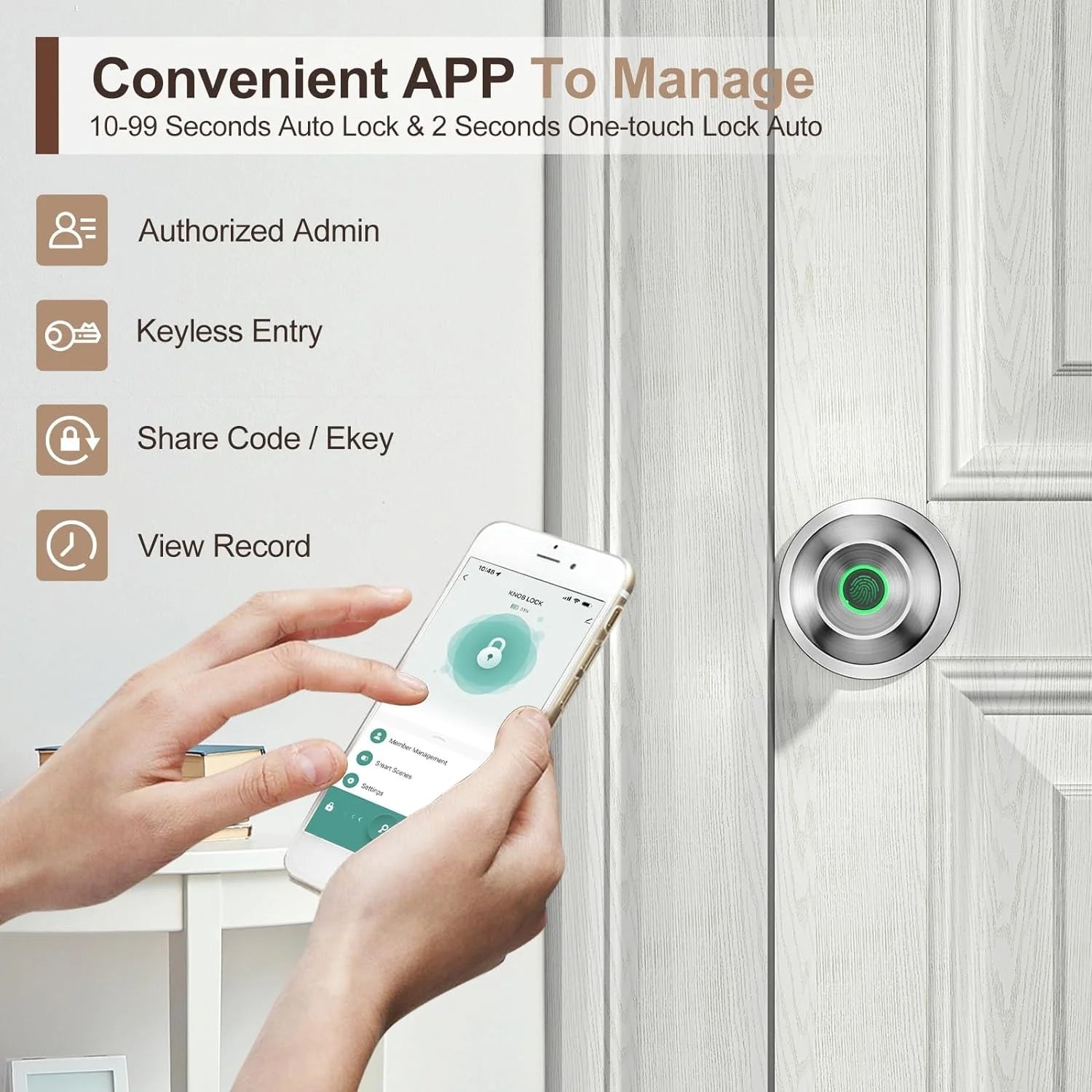 Smart Door Lock, Fingerprint Door Lock Knob with App Control, Suitable for Home, Cloakroom, Offices, Hotels (K10)