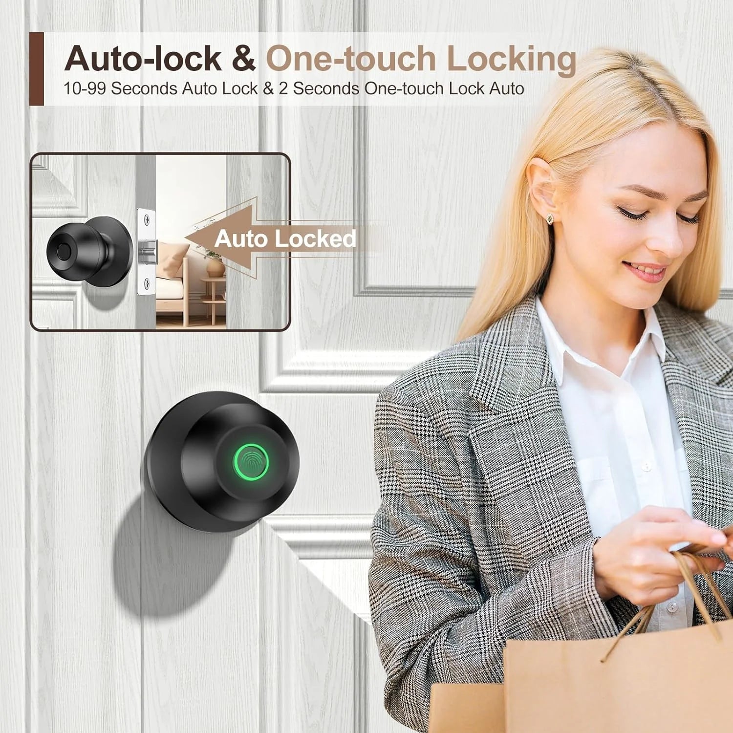 Smart Door Lock, Fingerprint Door Lock Knob with App Control, Suitable for Home, Cloakroom, Offices, Hotels (K10)