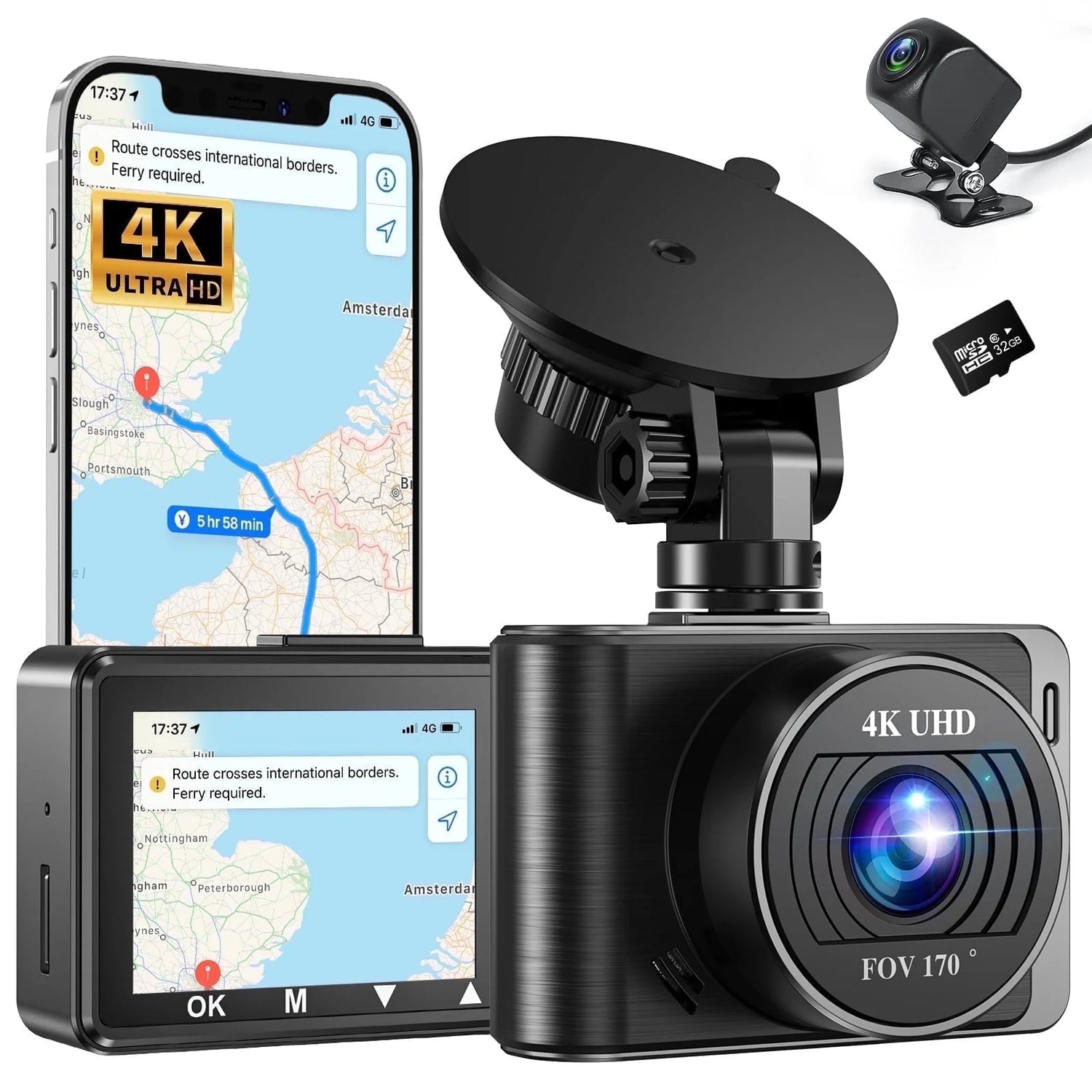 Dash Cam Front and Rear, 4K+1080P Car Camera with Built-In Wi-Fi, 3.94" IPS Screen, Free 32GB Card, Night Vision, G-Sensor, Loop Recording, 24H Parking Mode
