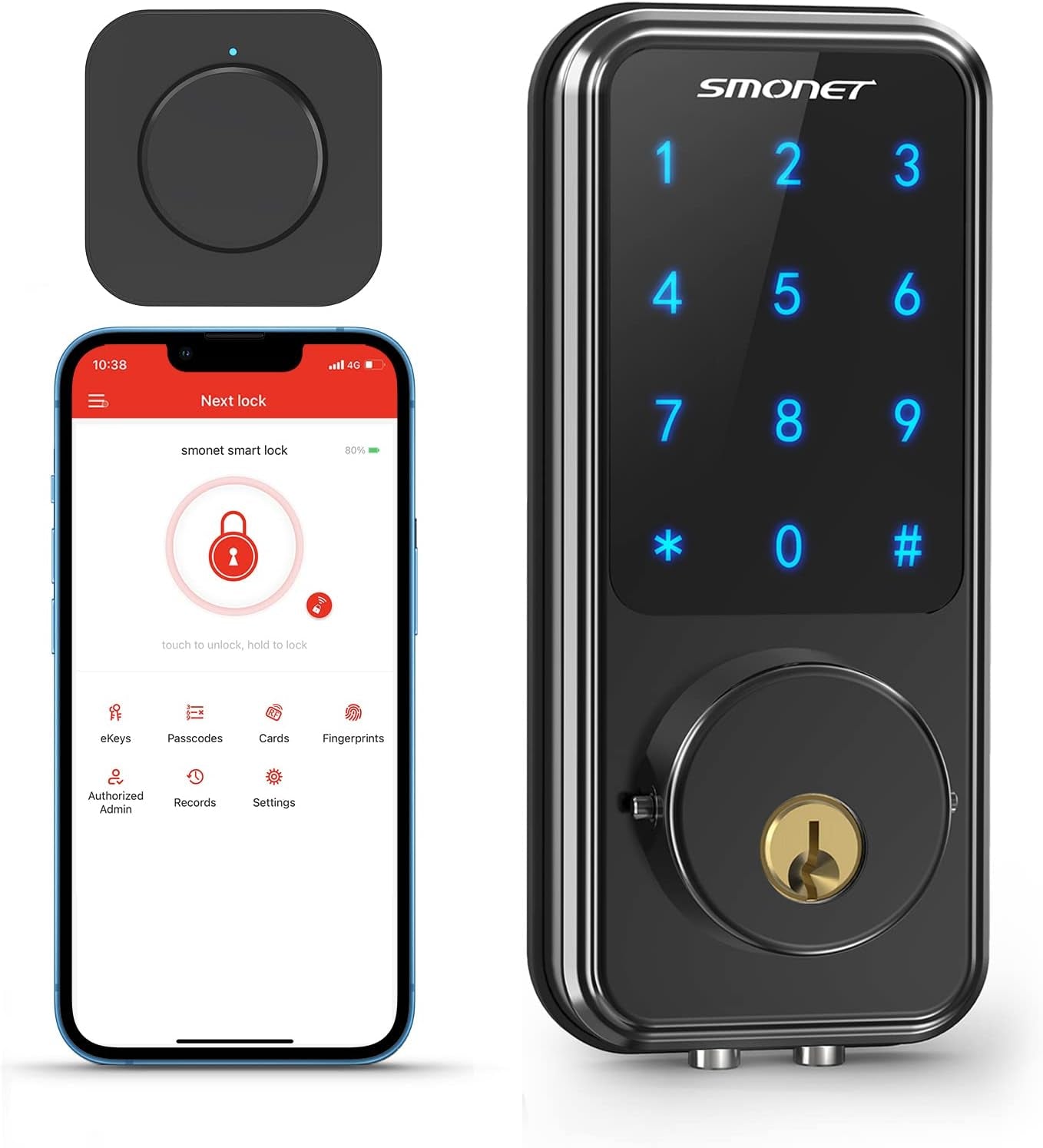 SMONET Smart Door Lock, Keypad Deadbolt with Wifi Bridge, Bluetooth Touchscreen, Alexa Compatible, Black