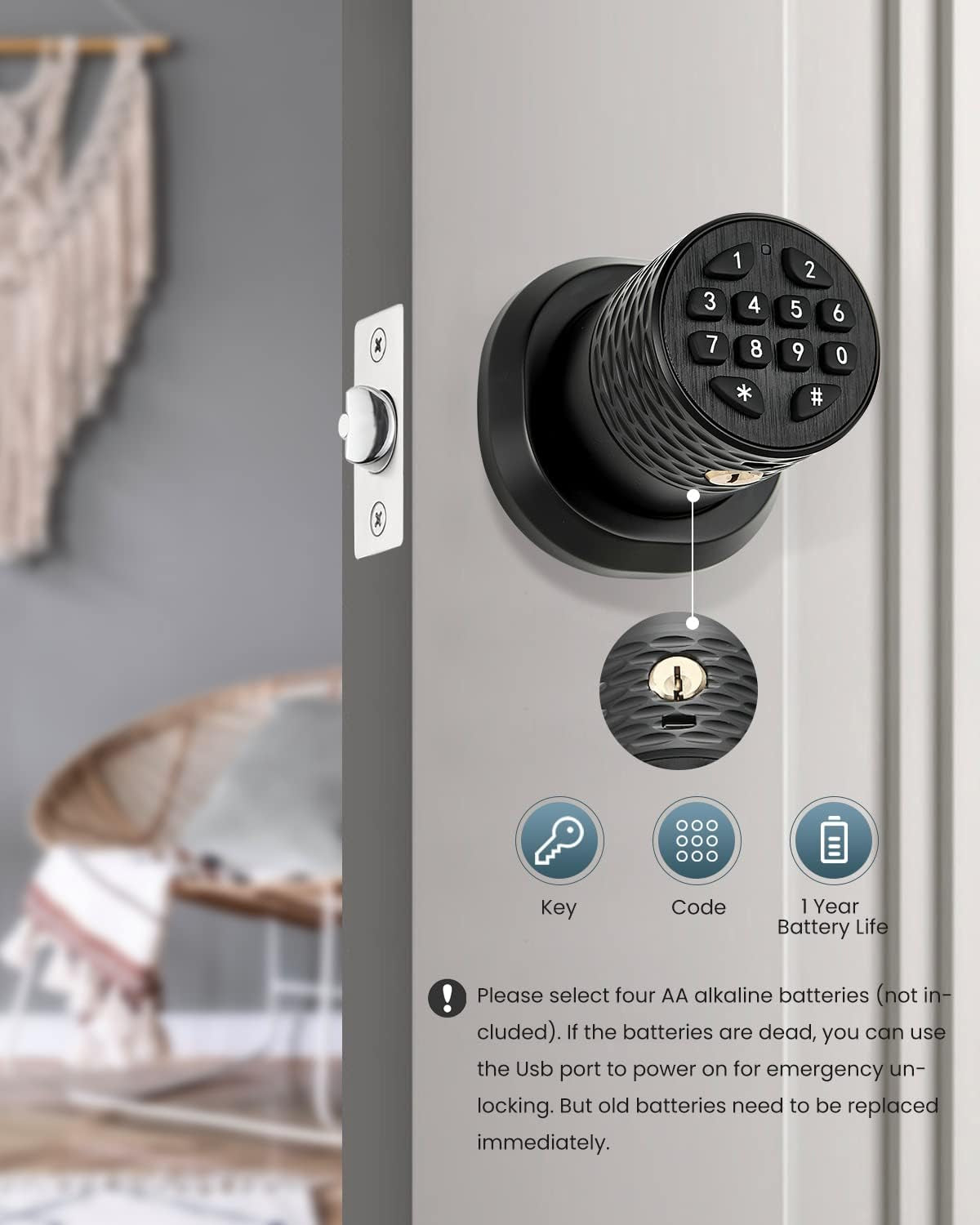 Smart Door Knob with Keypad, Electronic Keyless Entry Door Lock, 3S Auto Lock, A