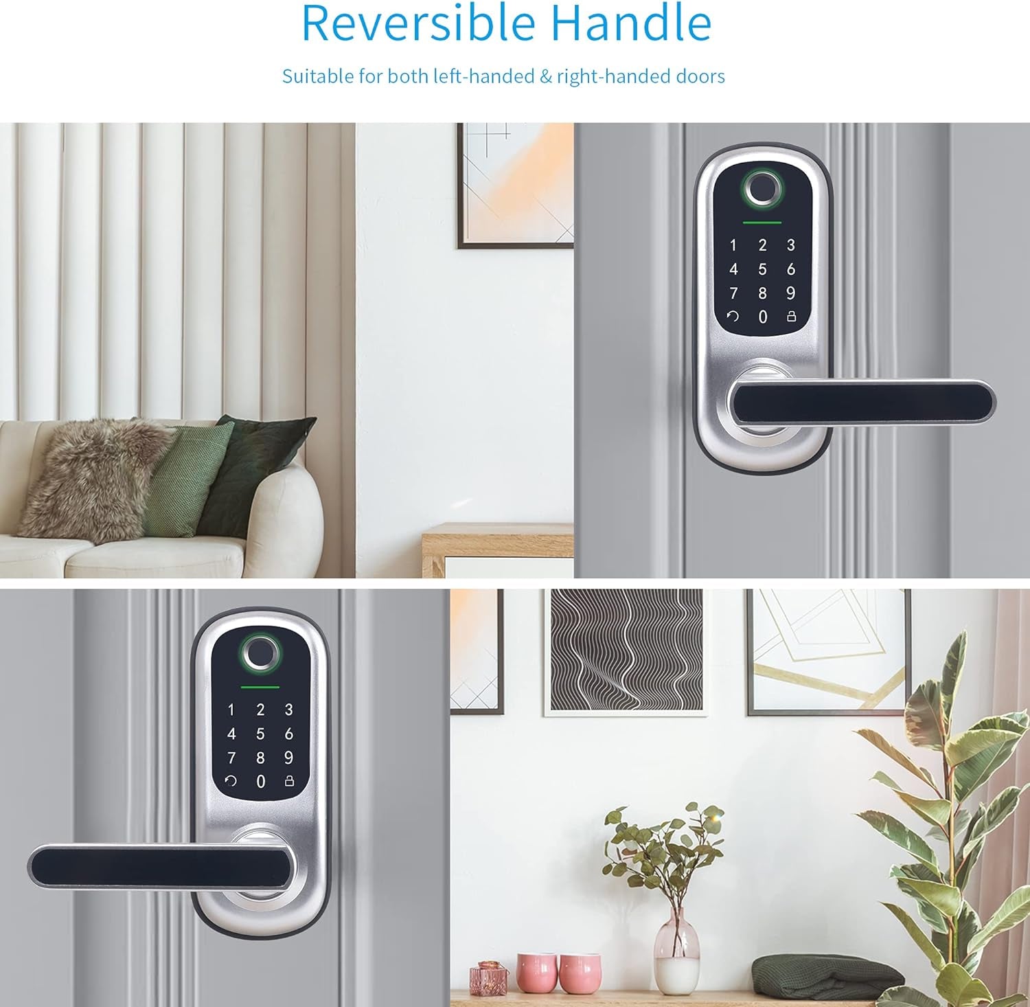 BEBASIA Keyless Entry Door Lock, Fingerprint & Smart Keypad, Digital Kepad Door Lock, Reversible Handle, Silver