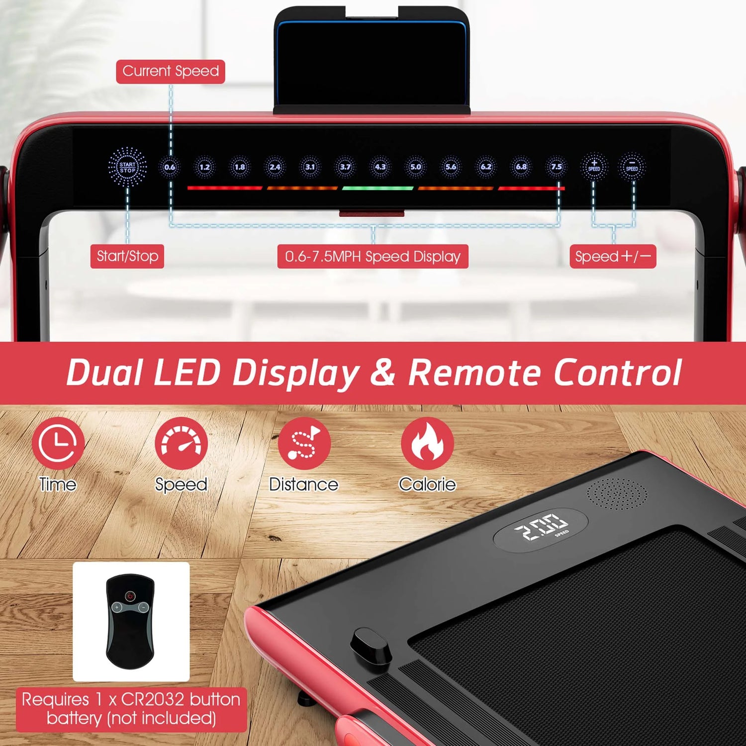 Superfit up to 7.5MPH 2.25HP 2 in 1 Dual Display Screen Treadmill Jogging Machine W/APP Control Red