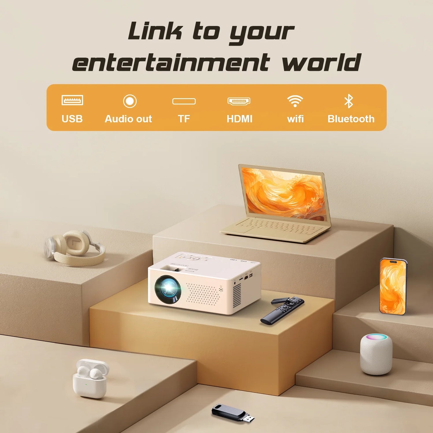 Mini Projector with Wifi and Bluetooth, 9500LM Portable Home Theater Projector with Screen ,1080P 250"Display Supported